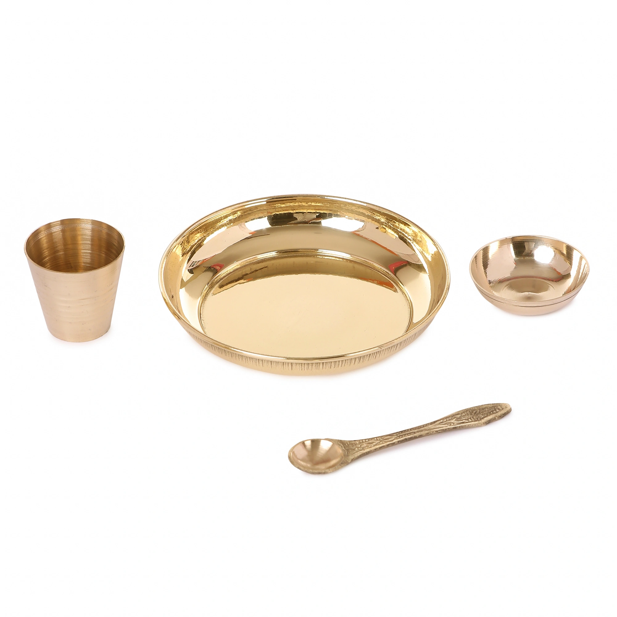 Pure Brass Pooja Bhog Thali Set Small | 5-Piece Handcrafted Pooja Items-Brass-6