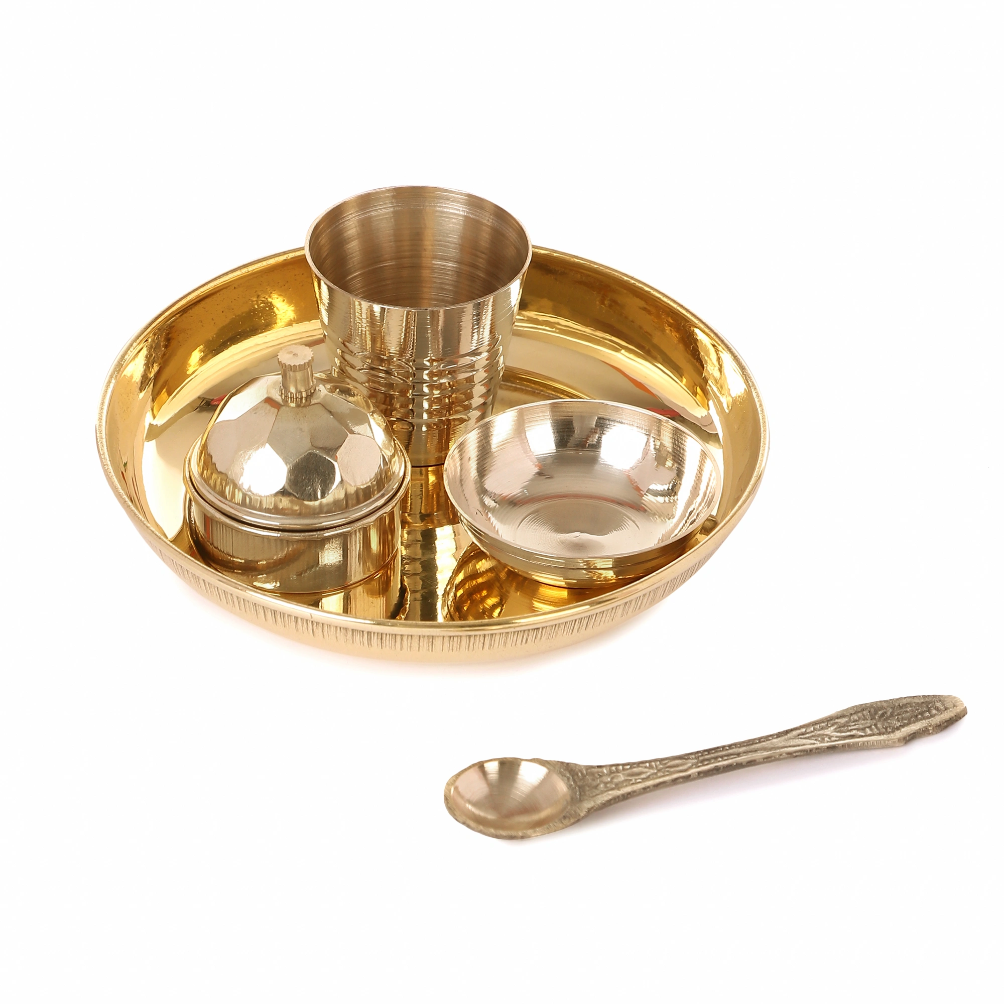 Pure Brass Pooja Bhog Thali Set Small | 5-Piece Handcrafted Pooja Items-Brass-7