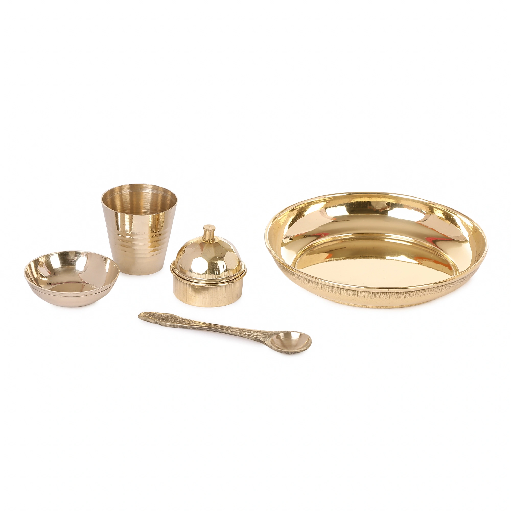 Pure Brass Pooja Bhog Thali Set Small | 5-Piece Handcrafted Pooja Items-Brass-8