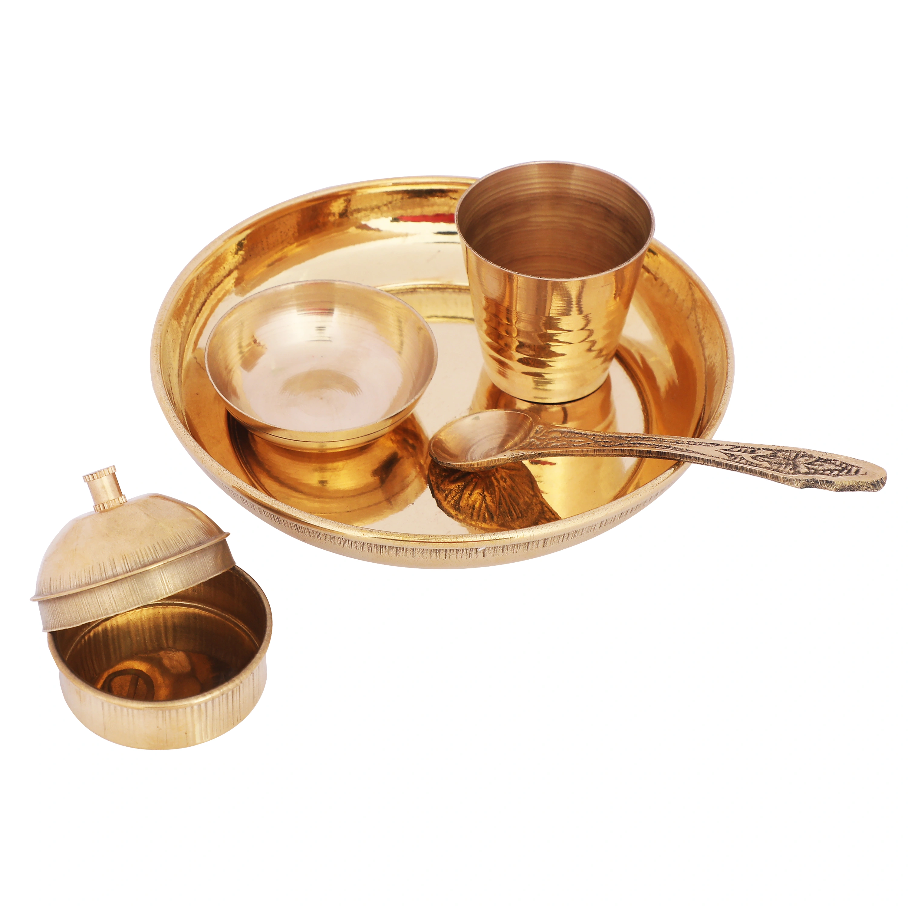 Pure Brass Pooja Bhog Thali Set Small | 5-Piece Handcrafted Pooja Items-Brass-9