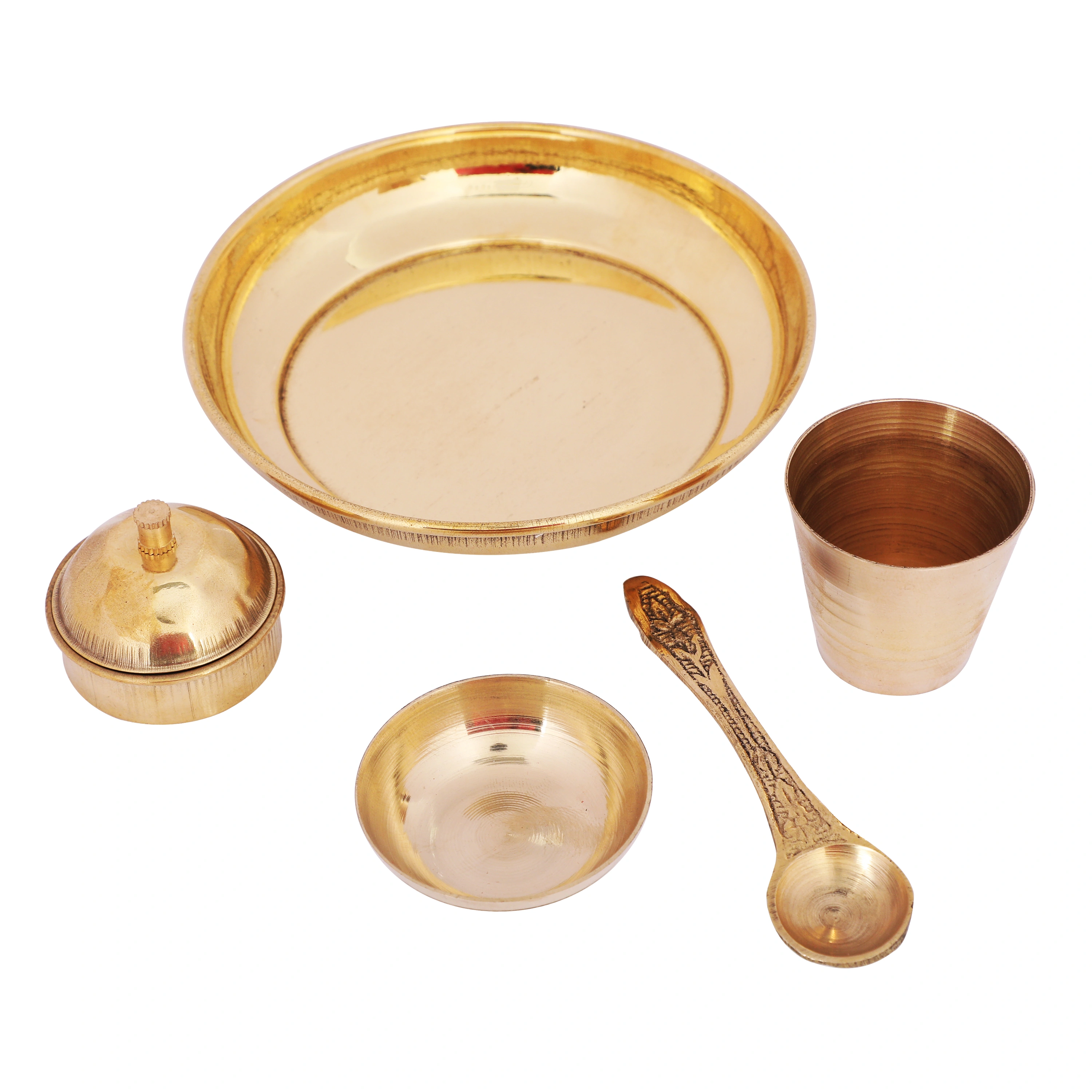 Pure Brass Pooja Bhog Thali Set Small | 5-Piece Handcrafted Pooja Items-Brass-10