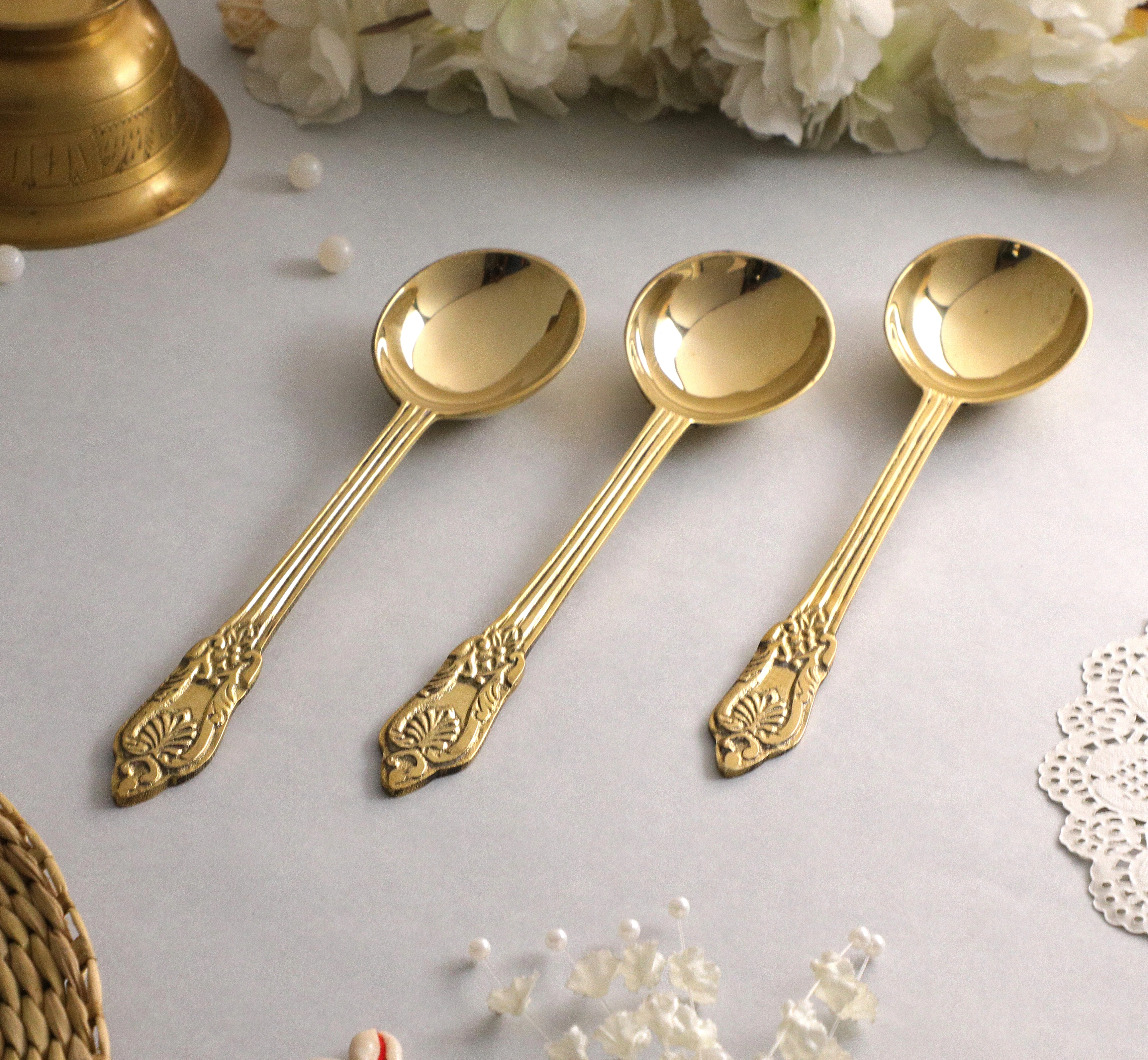 BulkySanta Brass Serving Spoons with Hand Crafted Etching Design (Size - 8.75&quot; Weight - 100 Grams) | Royal dinnerware Serving Spoons Set (Set of 3 pcs.)-BSSERVINGSPOON3PCS