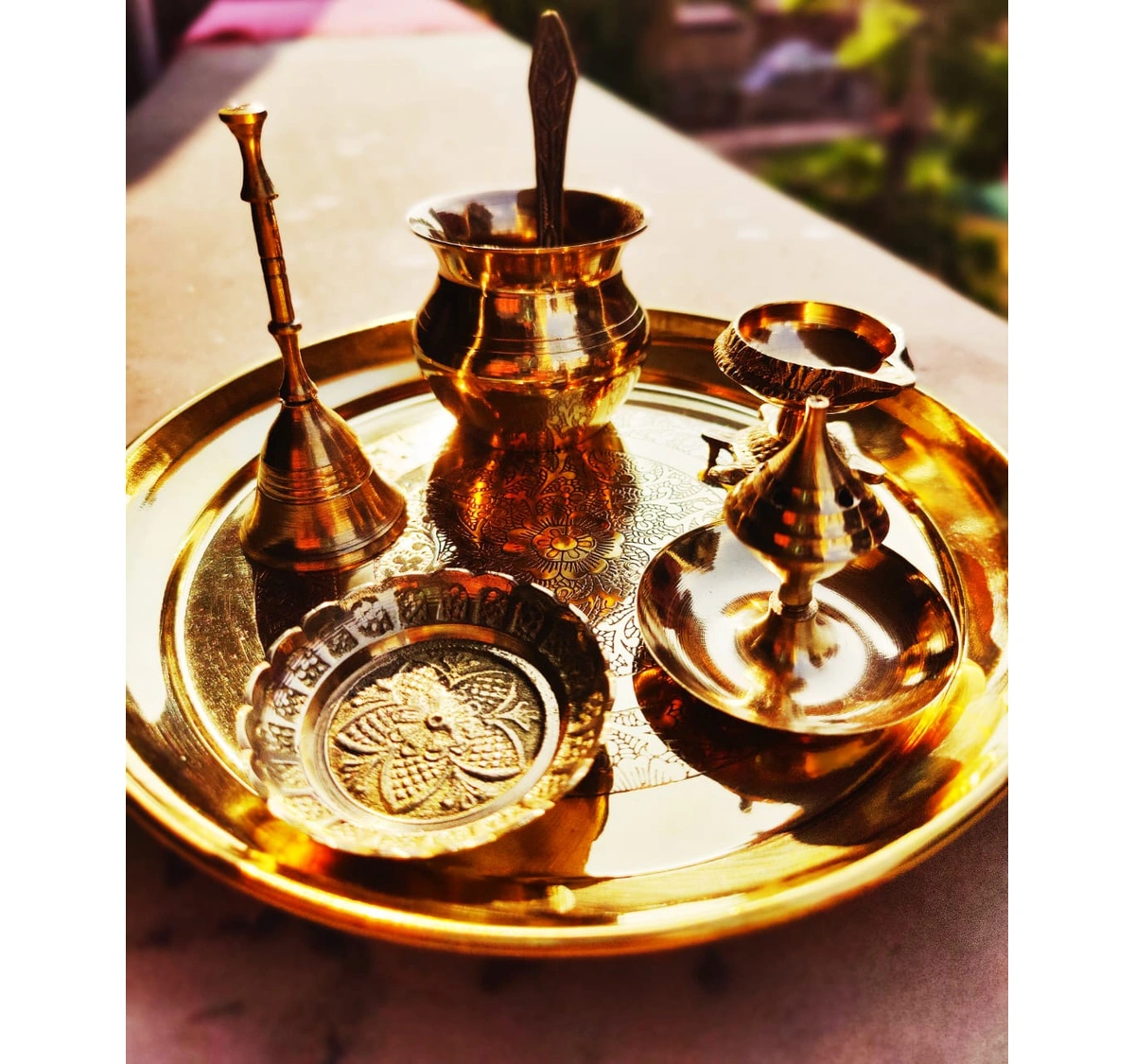 BulkySanta Brass Pooja Thali Set with Handcrafted Etching Design