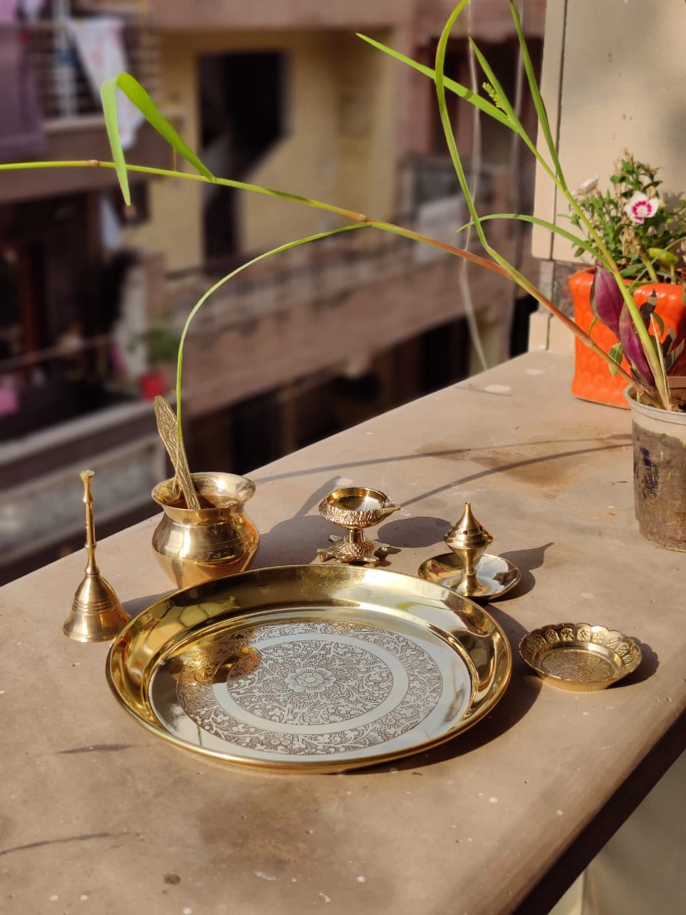 Elegant Brass Pooja Thali Set with Handcrafted Etching | 7-inch Plate (Set of 7 Brass Items)-Brass-2