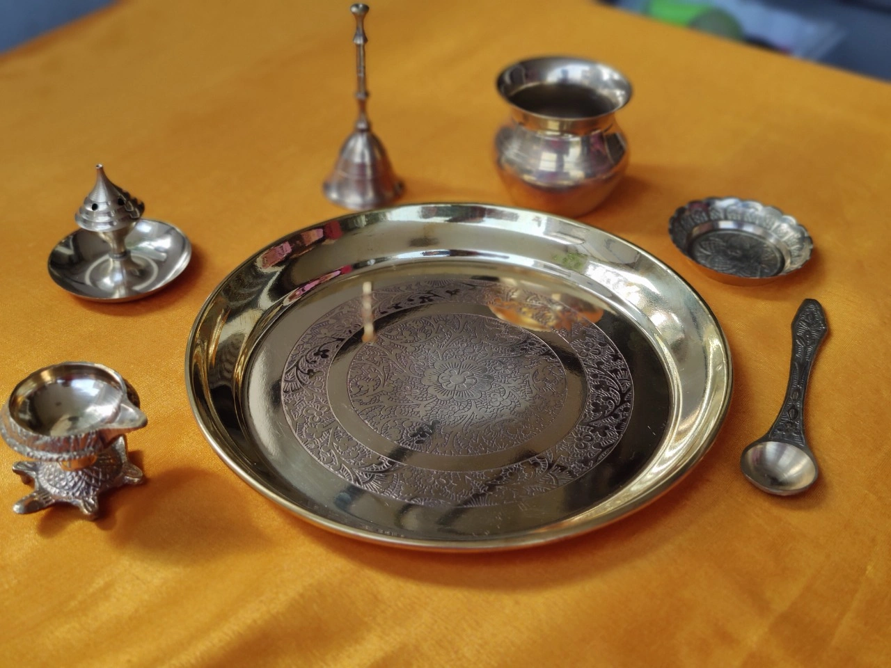 Elegant Brass Pooja Thali Set with Handcrafted Etching | 7-inch Plate (Set of 7 Brass Items)-Brass-3