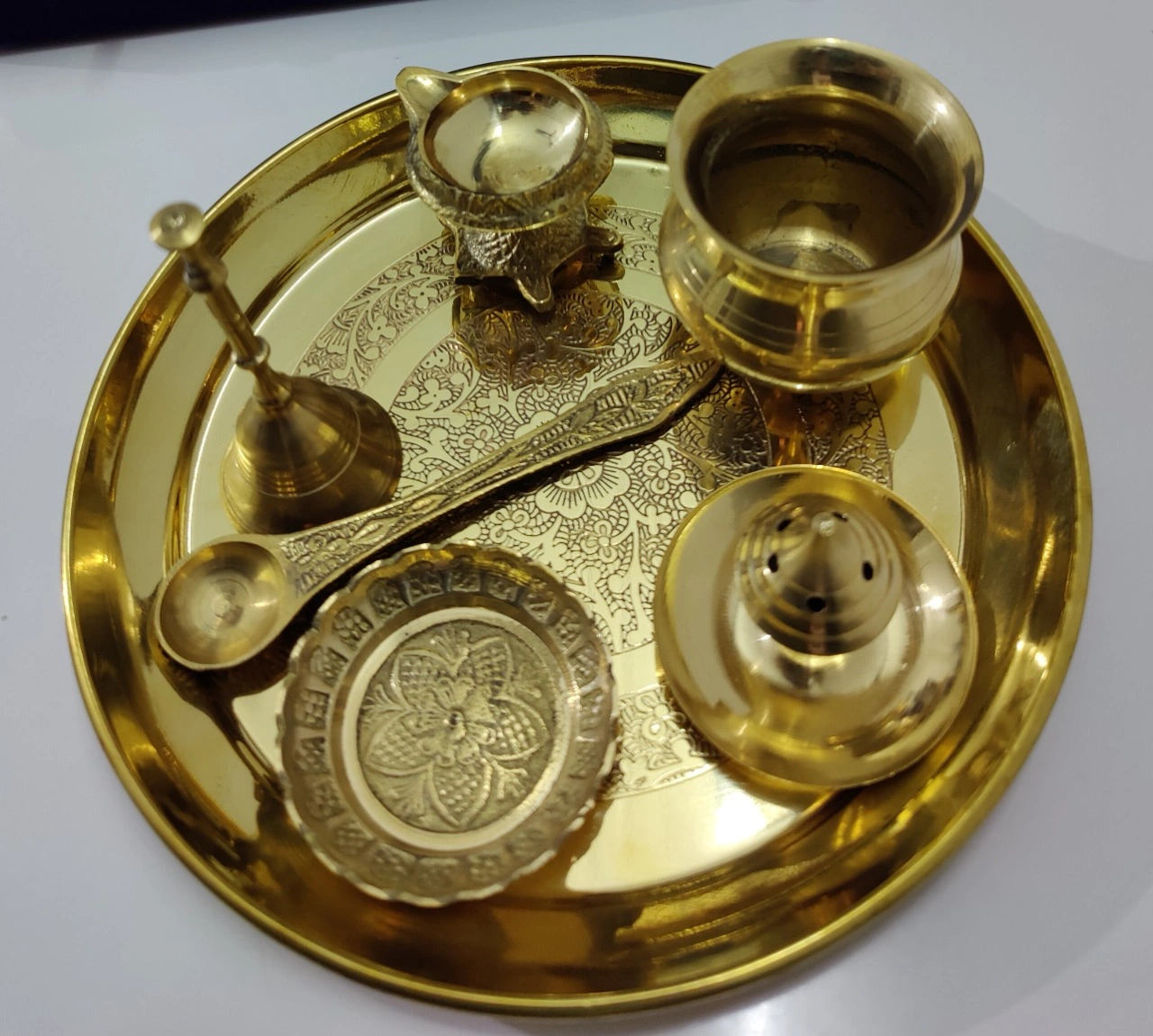 Elegant Brass Pooja Thali Set with Handcrafted Etching | 7-inch Plate (Set of 7 Brass Items)-Brass-4