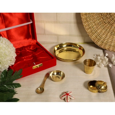 BulkySanta Pure Brass Pooja Bhog Thali Set Small | Size - 4 inches (Set of 5 Pooja Items) (WITH GIFT BOX)