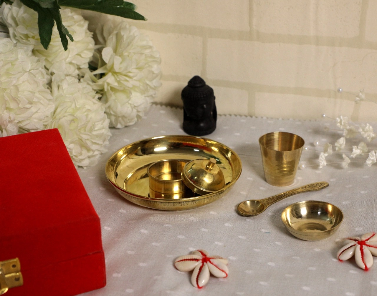 BulkySanta Pure Brass Pooja Bhog Thali Set Small | Size - 4 inches (Set of 5 Pooja Items) (WITH GIFT BOX)-4