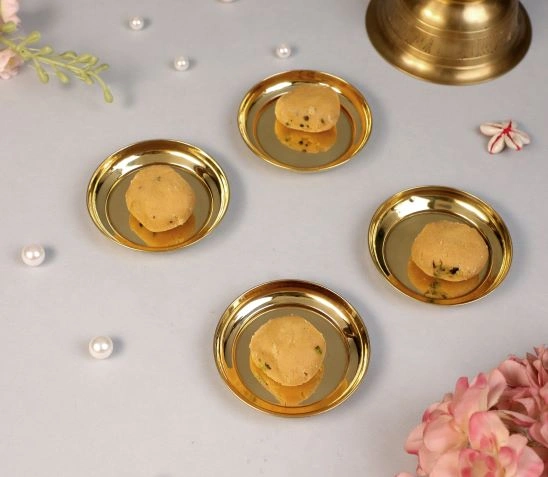 BulkySanta Brass Pooja Thali Set (3.5-inch) - Pack of 4 Plates-Brass-5