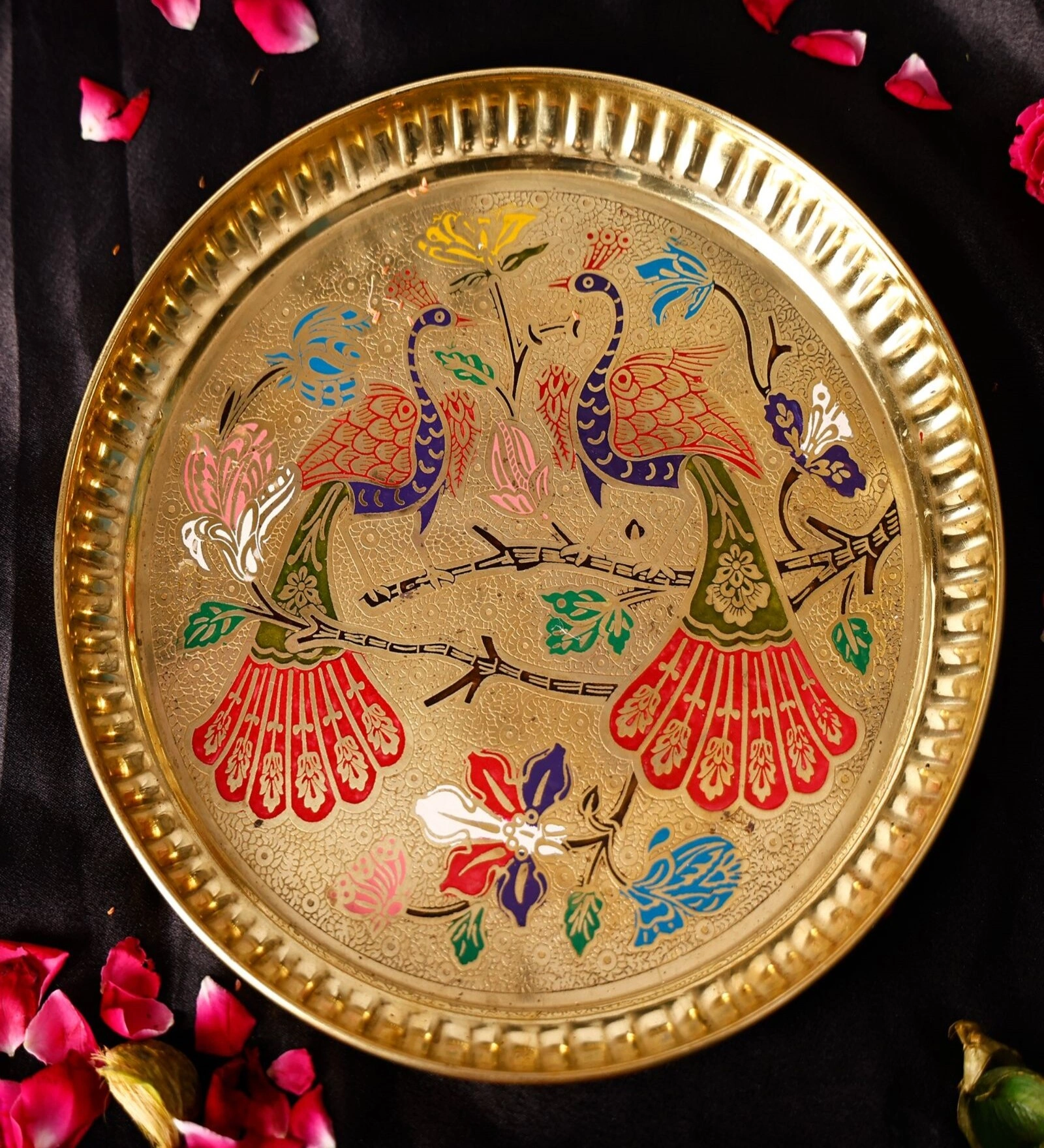 Pure Brass Plate with beautiful peacock design | Premium Peacock Design Pooja thali (Size - 9 inches) (1)-5