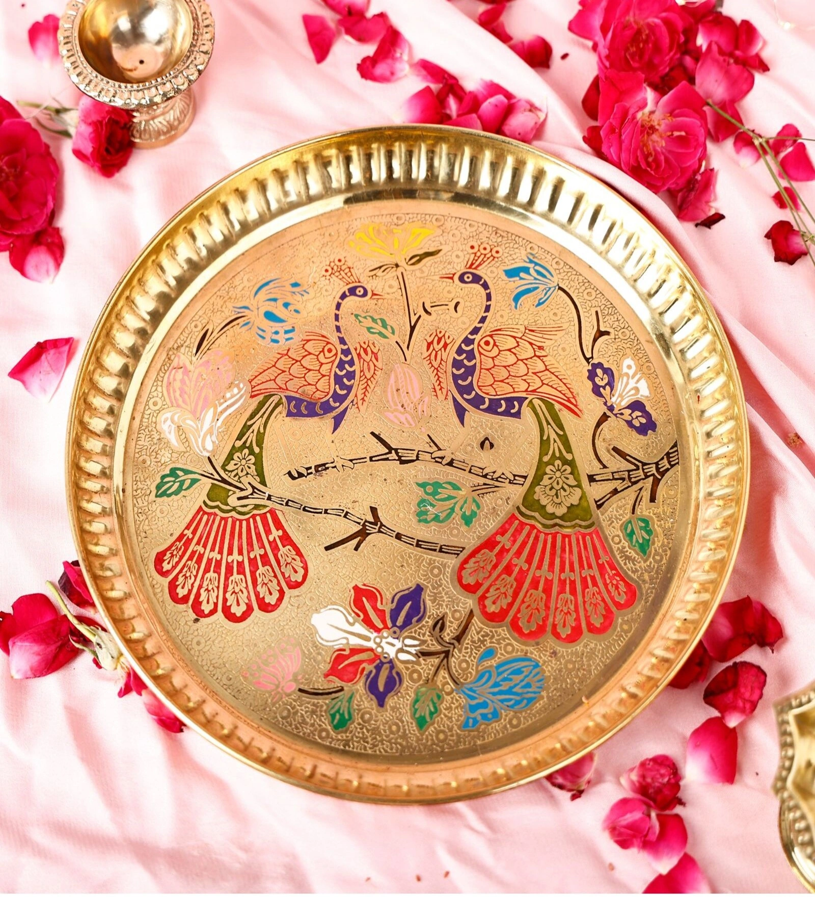 Pure Brass Plate with beautiful peacock design | Premium Peacock Design Pooja thali (Size - 9 inches) (1)-6