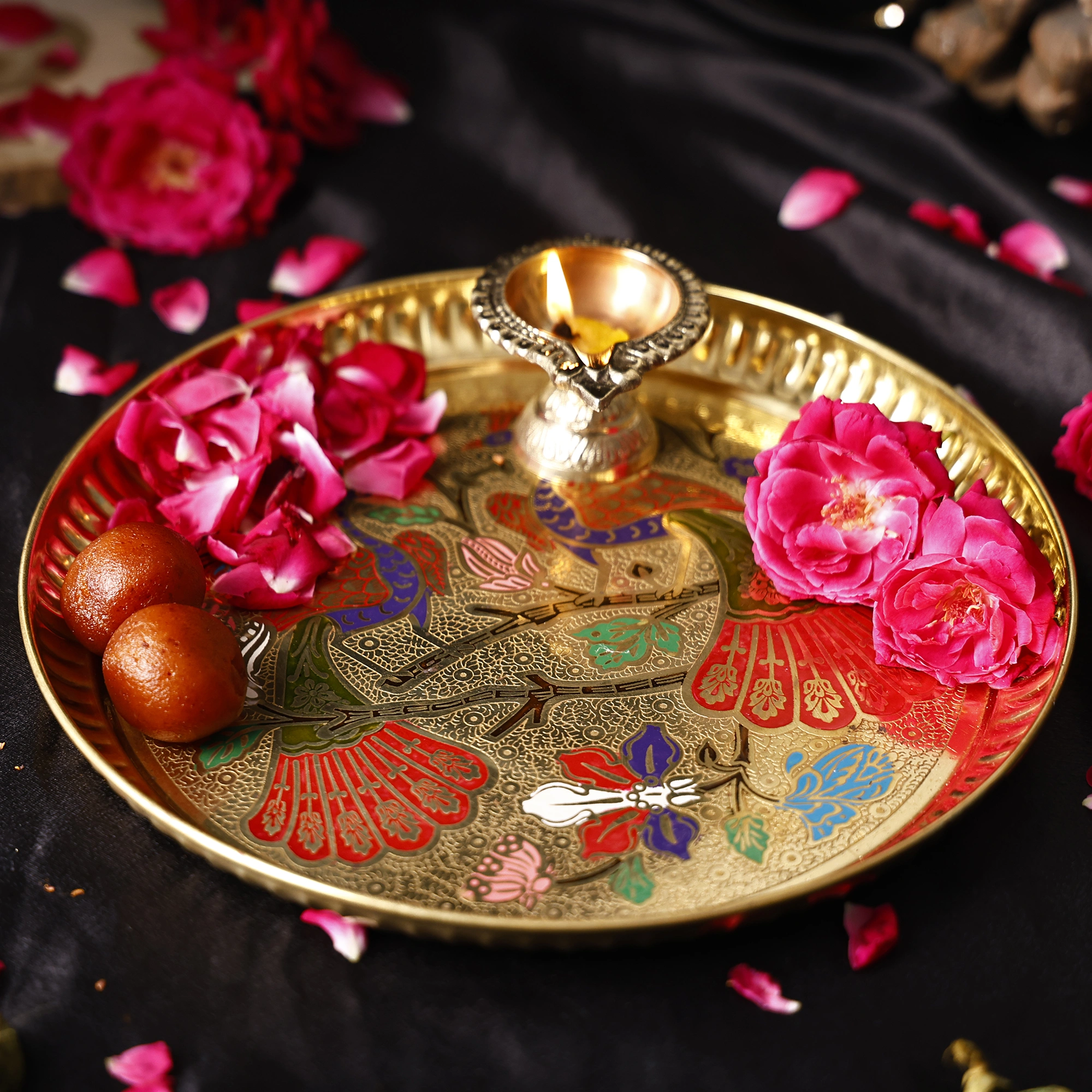 Pure Brass Plate with beautiful peacock design | Premium Peacock Design Pooja thali (Size - 9 inches) (1)-1