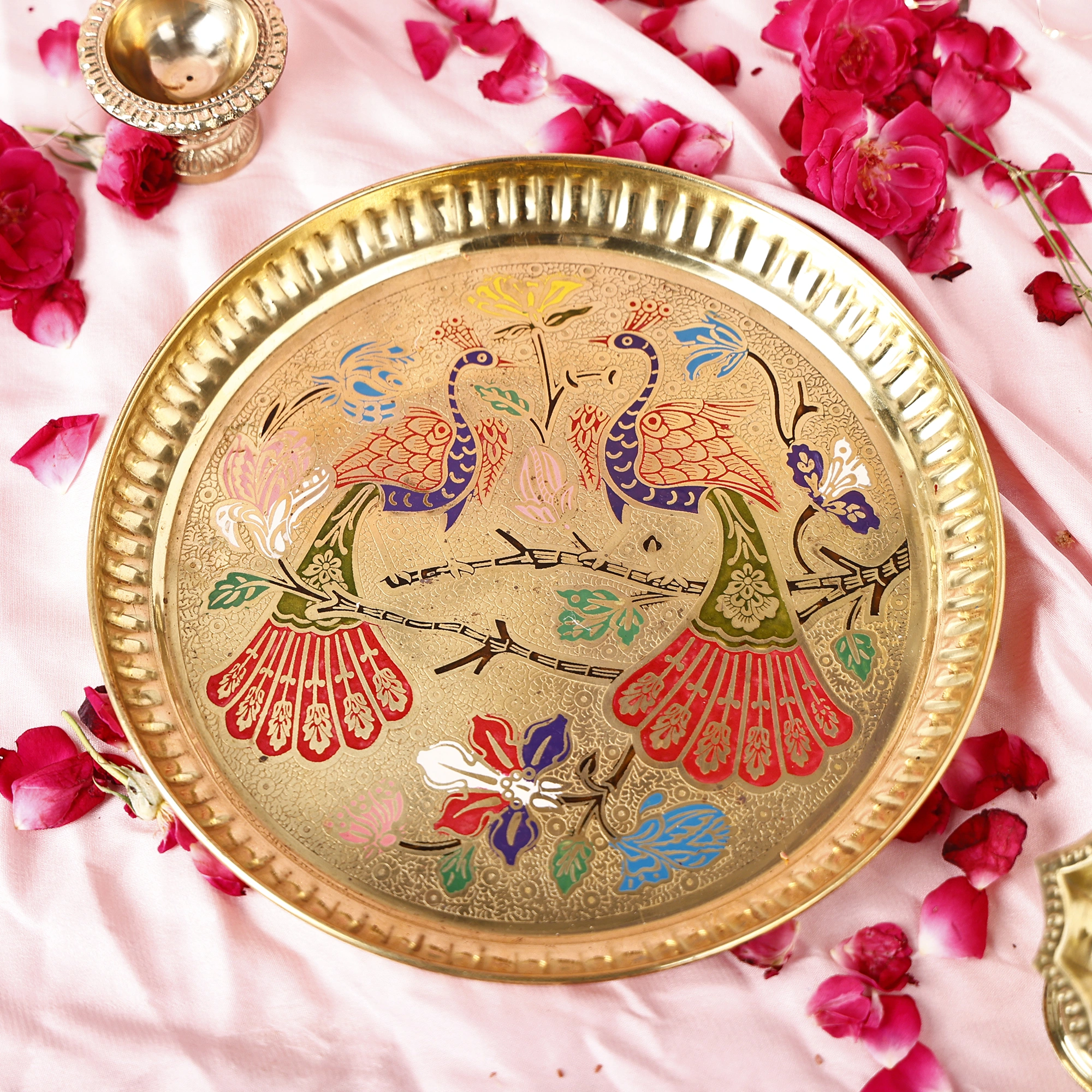 Pure Brass Plate with beautiful peacock design | Premium Peacock Design Pooja thali (Size - 9 inches) (1)-2