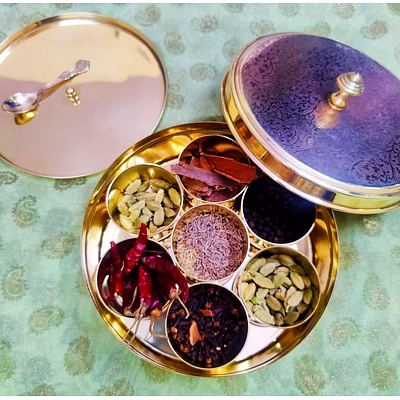 brass spice box for kitchen with spoon tray and 7 containers | masala box 7 inches