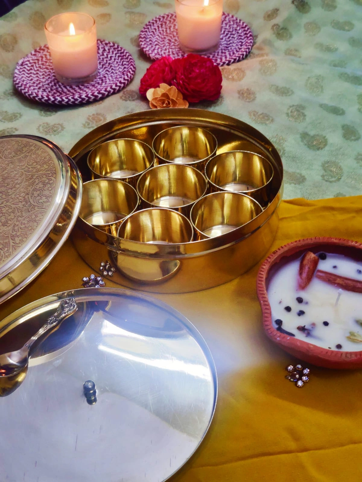 Brass Spice Box for Kitchen with Spoon Tray and 7 Containers | Masala Box 7 inches-Golden-Brass-7 inch-7