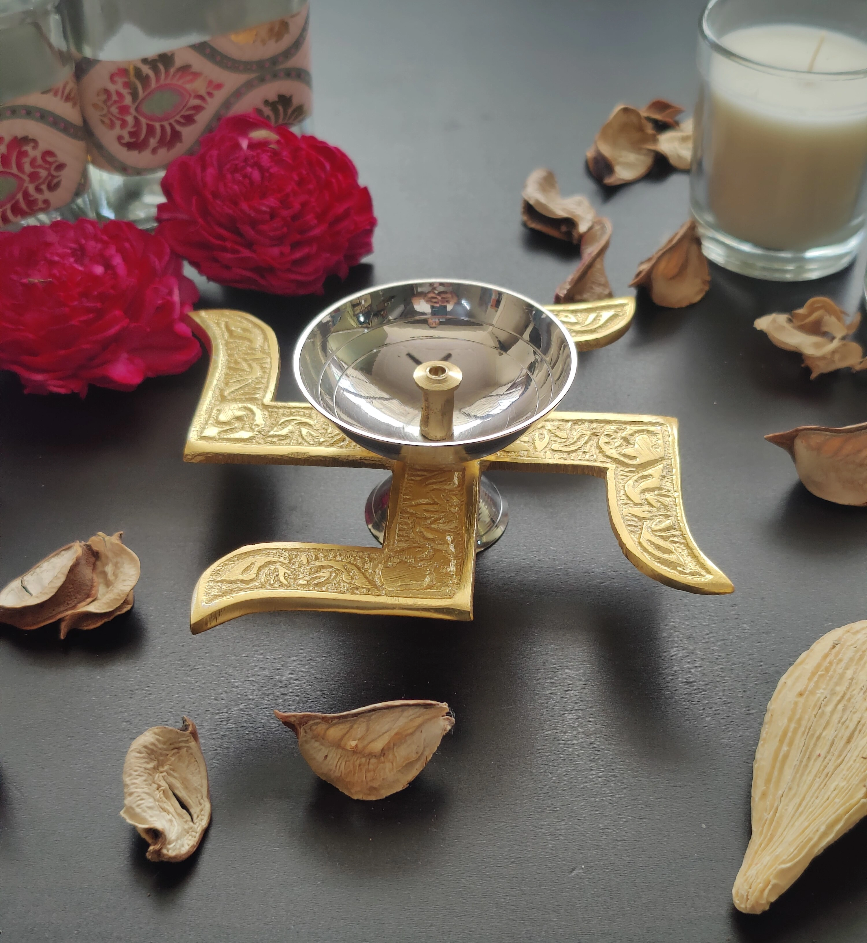 Brass Swastik Diya (4&quot; x 4&quot; x 1.5&quot;) with Gift Box | Brass Diya with satiya-Brass-9