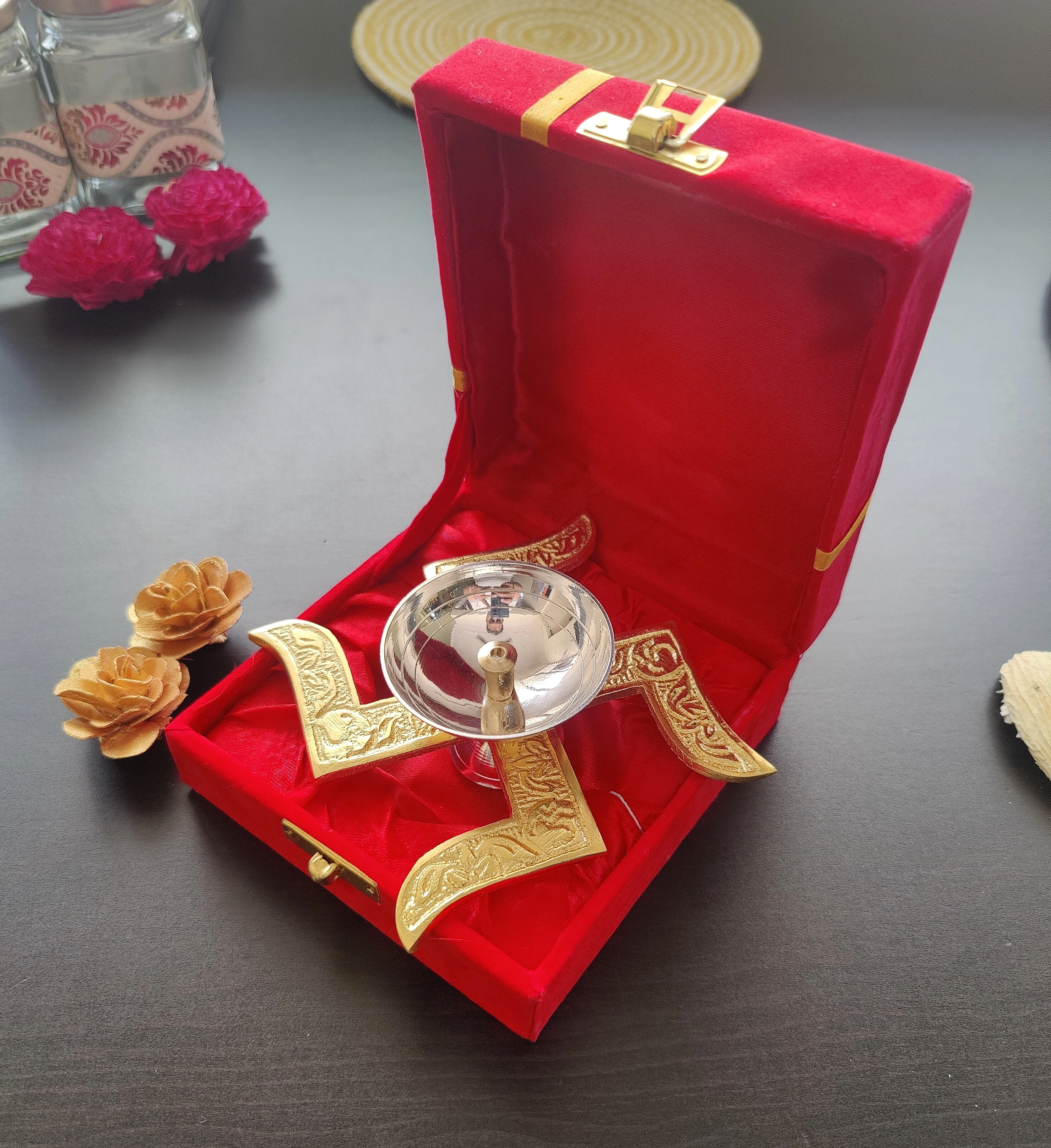 Brass Swastik Diya (4&quot; x 4&quot; x 1.5&quot;) with Gift Box | Brass Diya with satiya-Brass-4