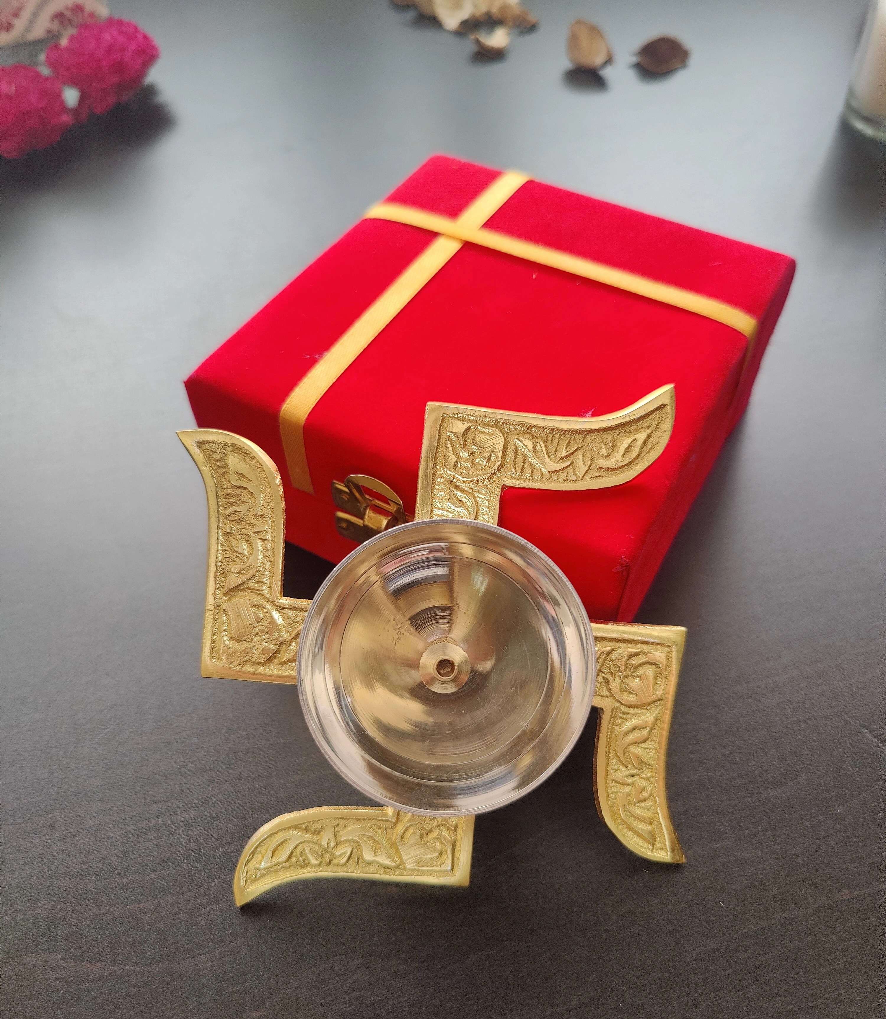 Brass Swastik Diya (4&quot; x 4&quot; x 1.5&quot;) with Gift Box | Brass Diya with satiya-Brass-6