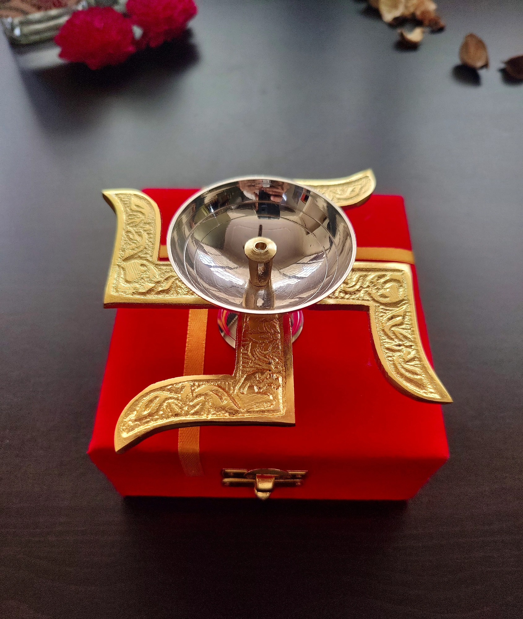 Brass Swastik Diya (4&quot; x 4&quot; x 1.5&quot;) with Gift Box | Brass Diya with satiya-Brass-7