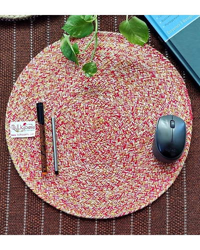 Cotton Place mats 38 cm (15&quot;) Round Table Mats, Heat Resistant, Reversible Use, Washable (Red-Yellow)-Pack of 1-1