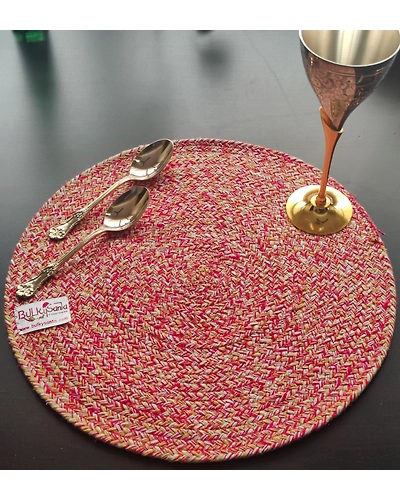 Cotton Place mats 38 cm (15&quot;) Round Table Mats, Heat Resistant, Reversible Use, Washable (Red-Yellow)-Pack of 1-3