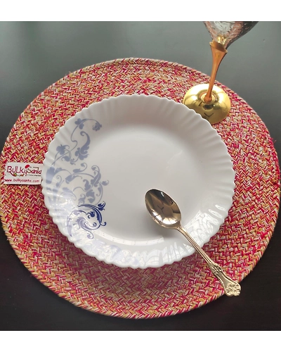 Cotton Place mats 38 cm (15&quot;) Round Table Mats, Heat Resistant, Reversible Use, Washable (Red-Yellow)-Pack of 1-2