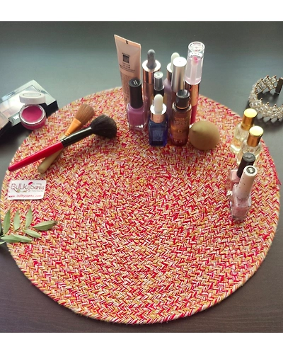 Cotton Place mats 38 cm (15&quot;) Round Table Mats, Heat Resistant, Reversible Use, Washable (Red-Yellow)-Pack of 1-4