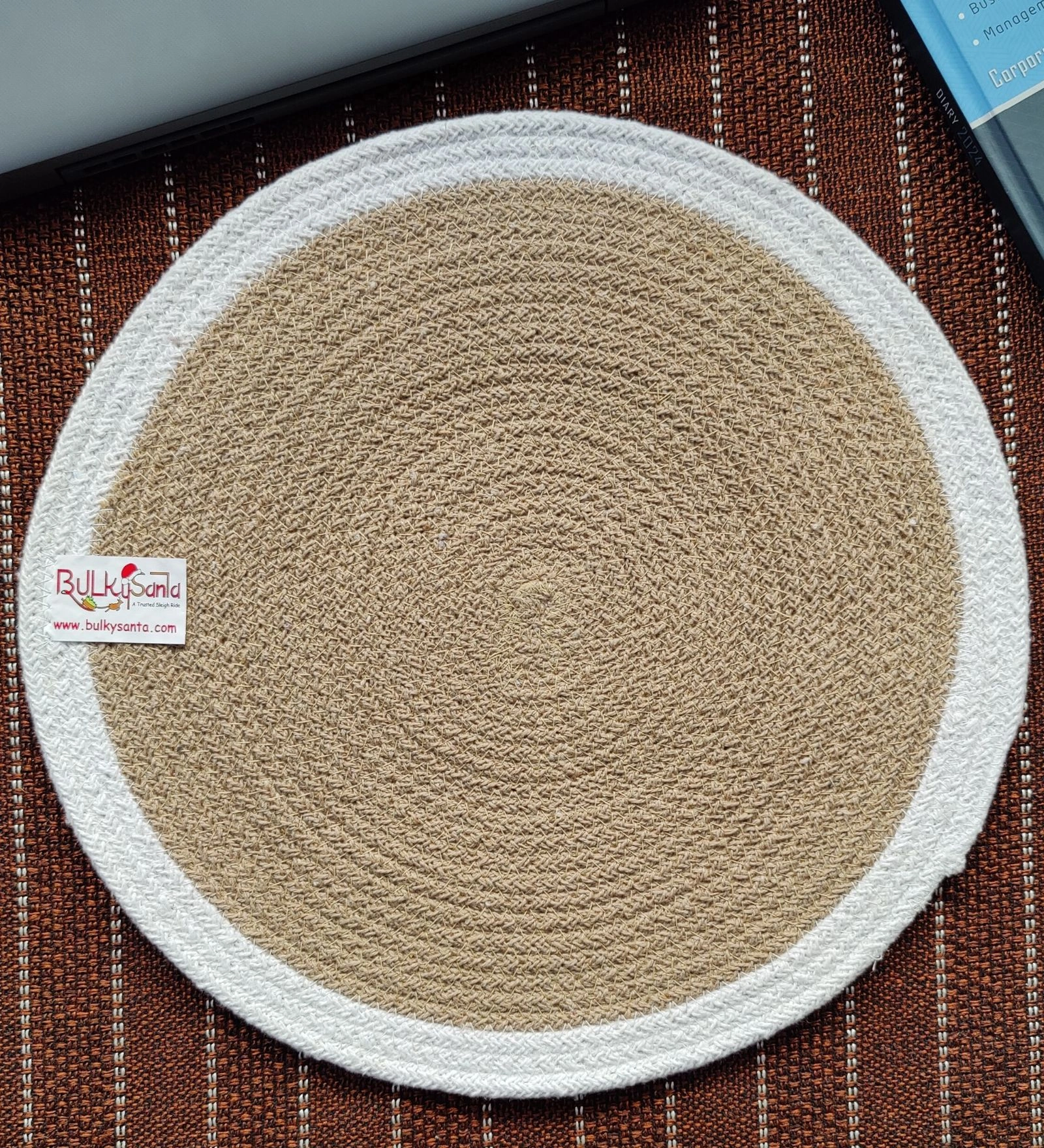 BulkySanta Cotton Place mats 38 cm (15&quot;) Round Table Mats, Heat Resistant, Reversible Use, Washable (White-Brown) (Pack of 1)-12419944