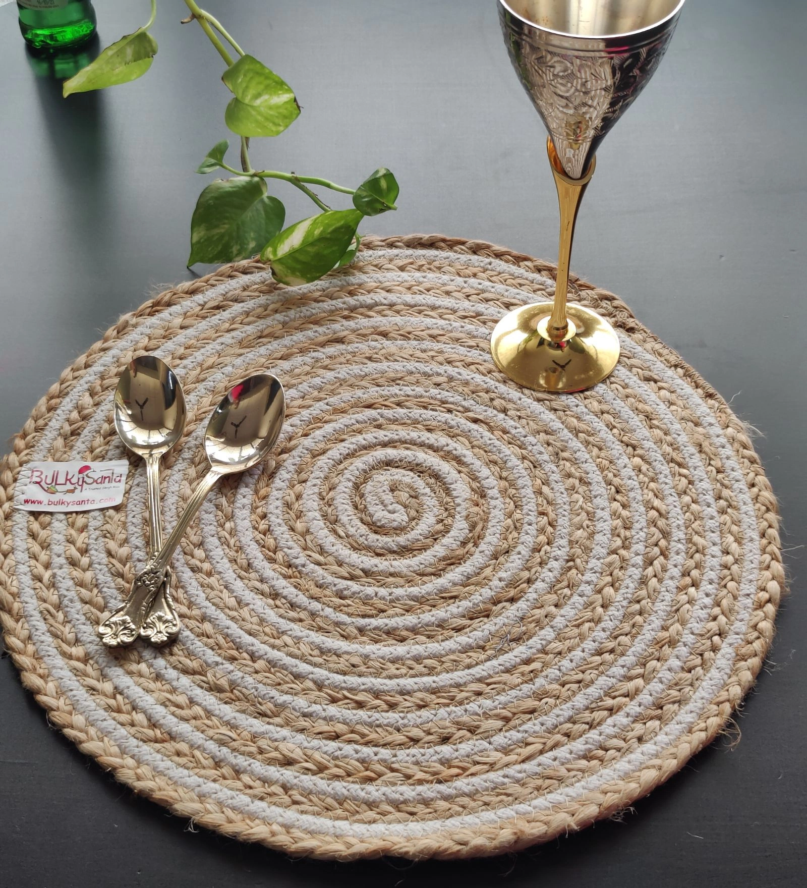 BulkySanta Cotton Place mats 38 cm (15&quot;) Round Table Mats, Heat Resistant, Reversible Use, Washable (Cotton,Jute) (Pack of 1)-Pack of 1-3