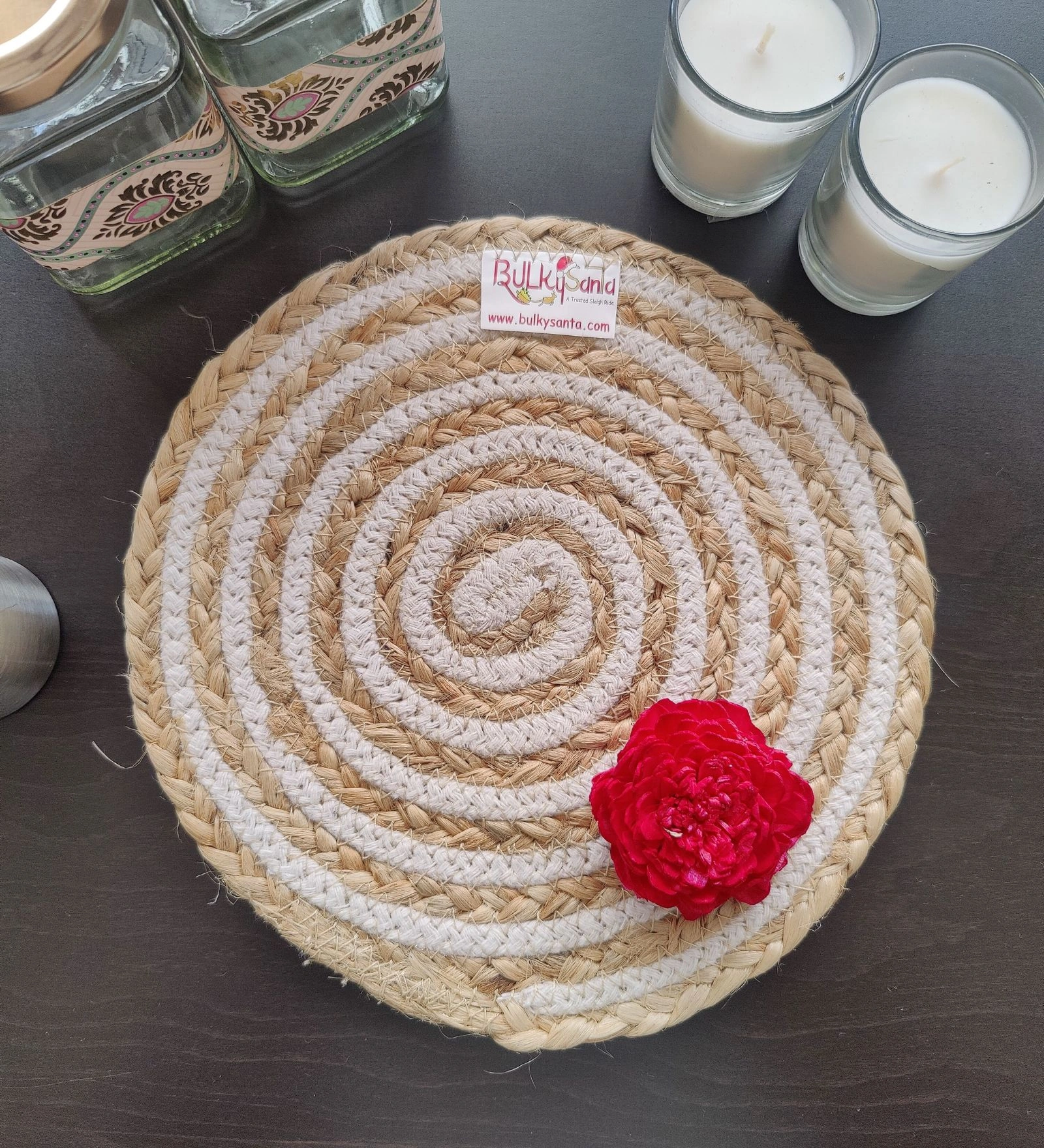 Cotton Place mats 22 cm (9&quot;) Round Table Mats, Heat Resistant, Reversible Use, Washable (Cotton &amp; Jute)-Pack of 1-6