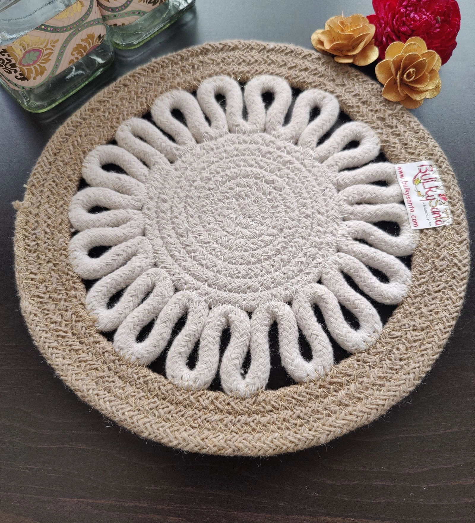 Cotton Place mats 22 cm (9&quot;) Round Table Mats, Heat Resistant, Reversible Use, Washable (Payal)-Pack of 1-7