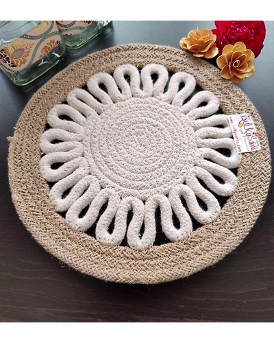 Cotton Place mats 22 cm (9&quot;) Round Table Mats, Heat Resistant, Reversible Use, Washable (Payal)-Pack of 1-7