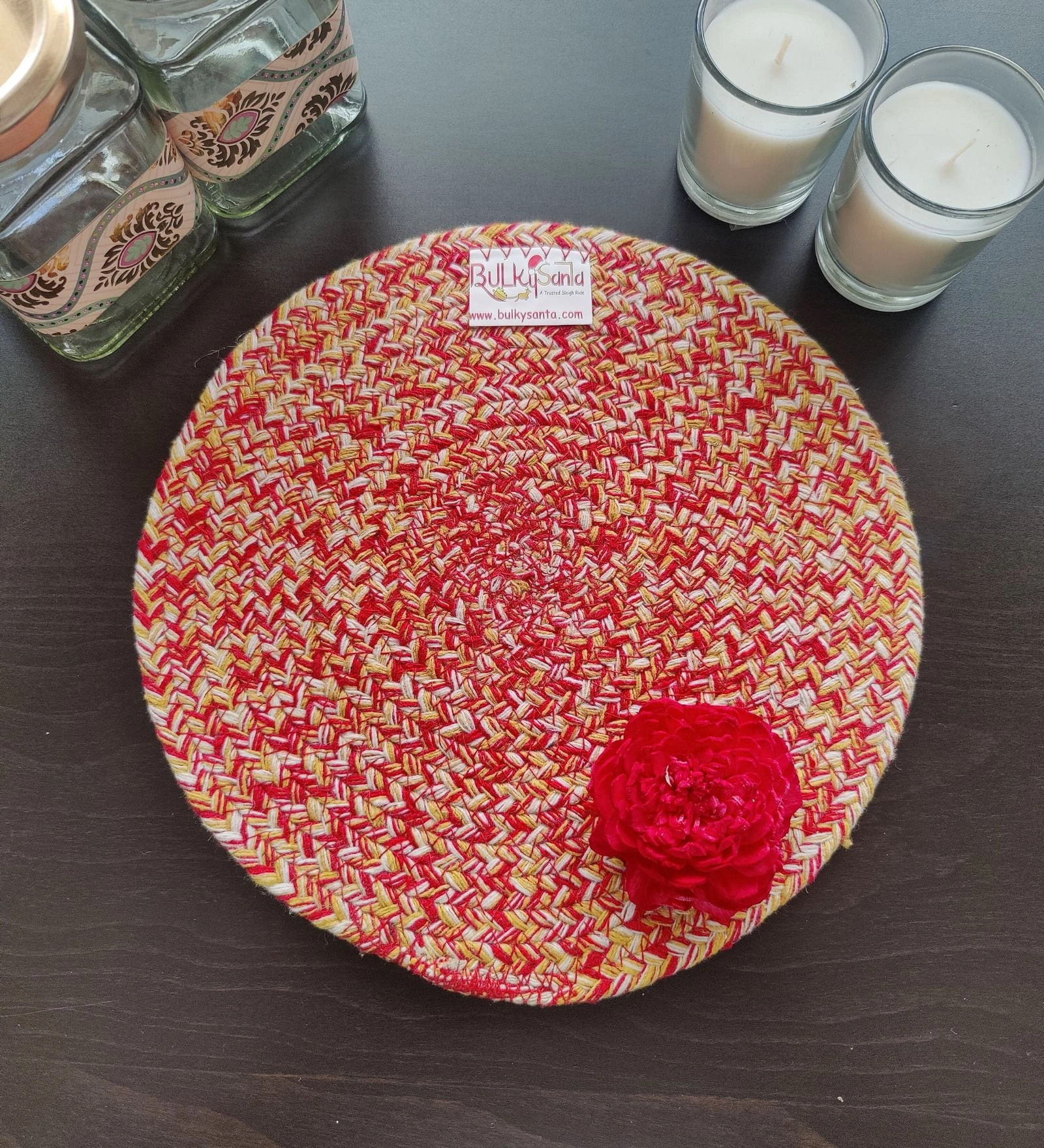 Cotton Place mats 22 cm (9&quot;) Round Table Mats, Heat Resistant, Reversible Use, Washable (RED-Yellow)-Pack of 1-6