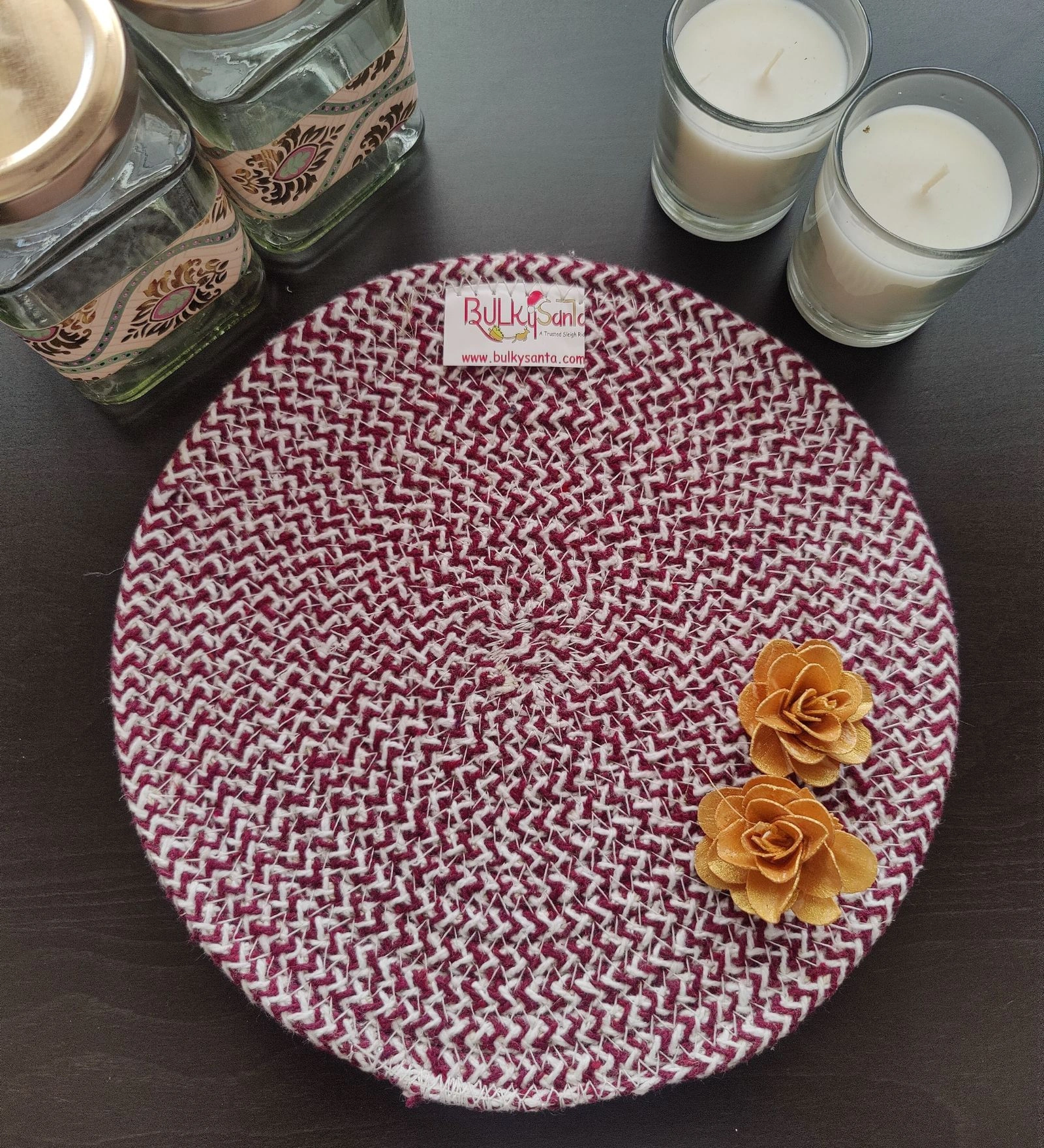 Cotton Place mats 22 cm (9&quot;) Round Table Mats, Heat Resistant, Reversible Use, Washable (Maroon)-Pack of 1-6