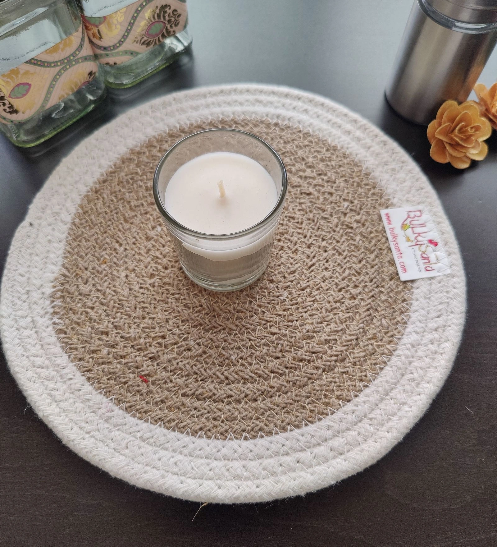 Cotton Place mats 22 cm (9&quot;) Round Table Mats, Heat Resistant, Reversible Use, Washable (White-Brown)-Pack of 1-6