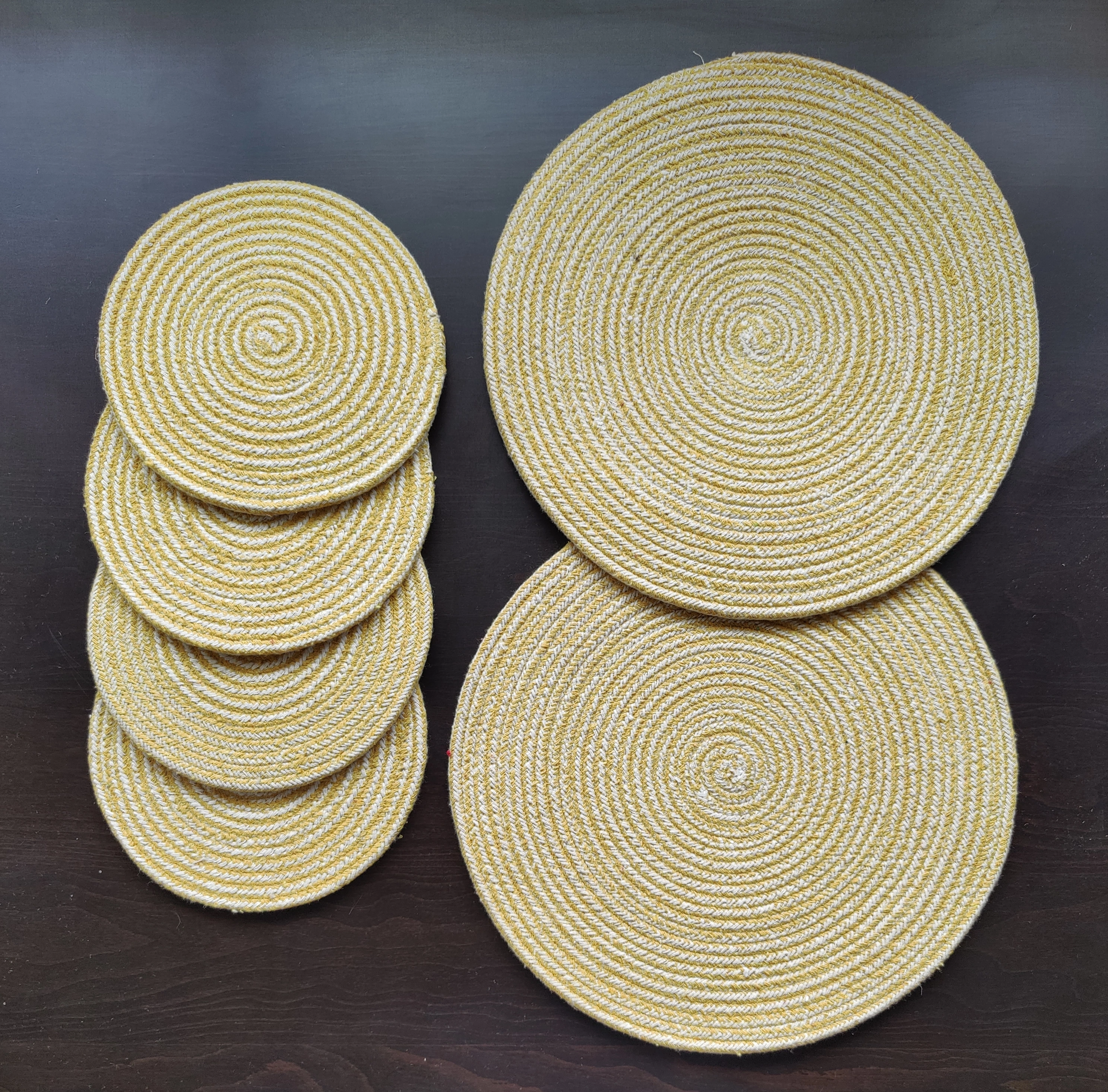 Cotton Place mats 38 cm (15&quot;) and 22 cm (9&quot;) Round Table Mats, Heat Resistant, Reversible Use, Washable (Pack of 6) (Yellow)-Yellow-Cotton-6