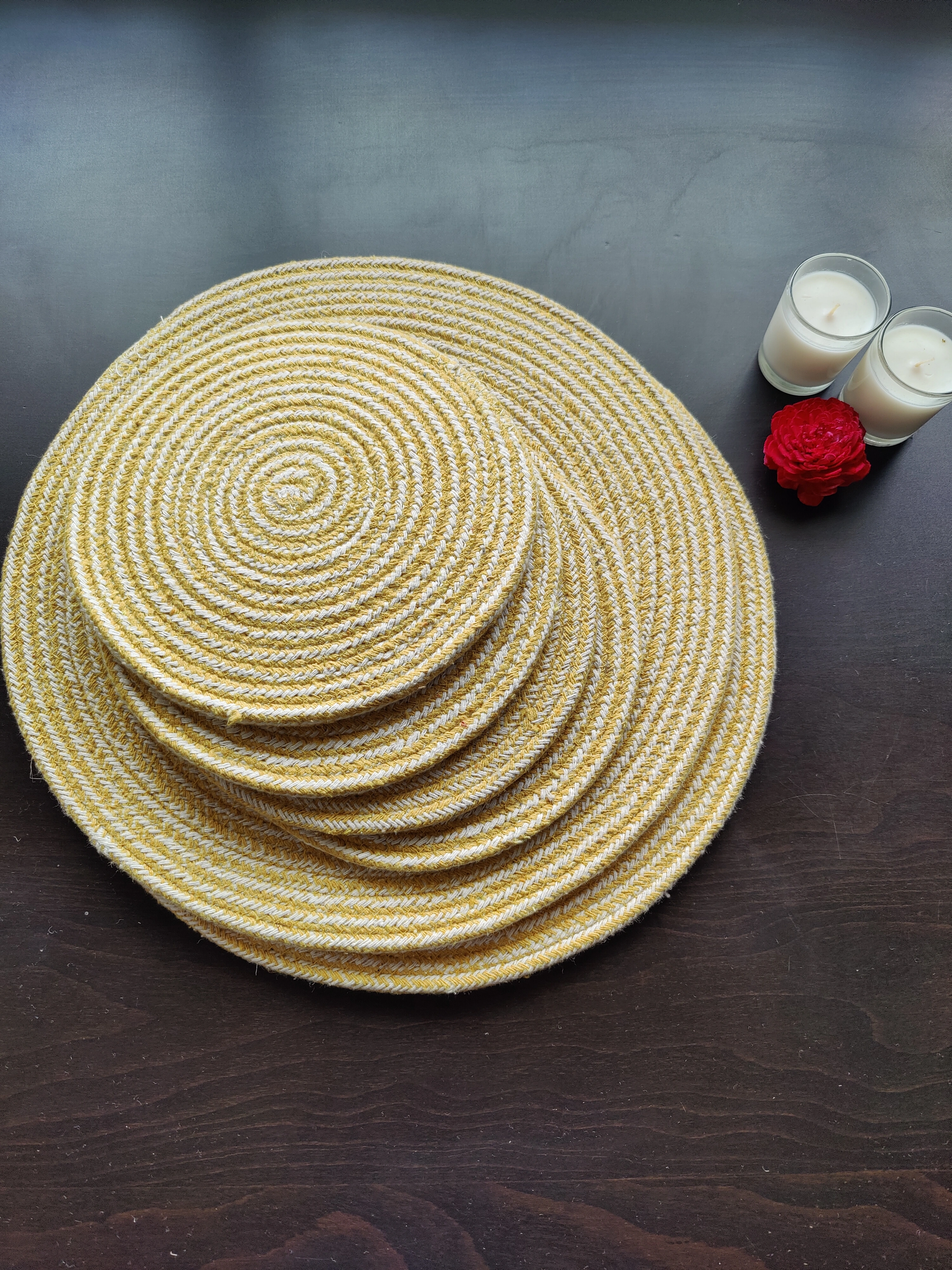 Cotton Place mats 38 cm (15&quot;) and 22 cm (9&quot;) Round Table Mats, Heat Resistant, Reversible Use, Washable (Pack of 6) (Yellow)-Yellow-Cotton-8