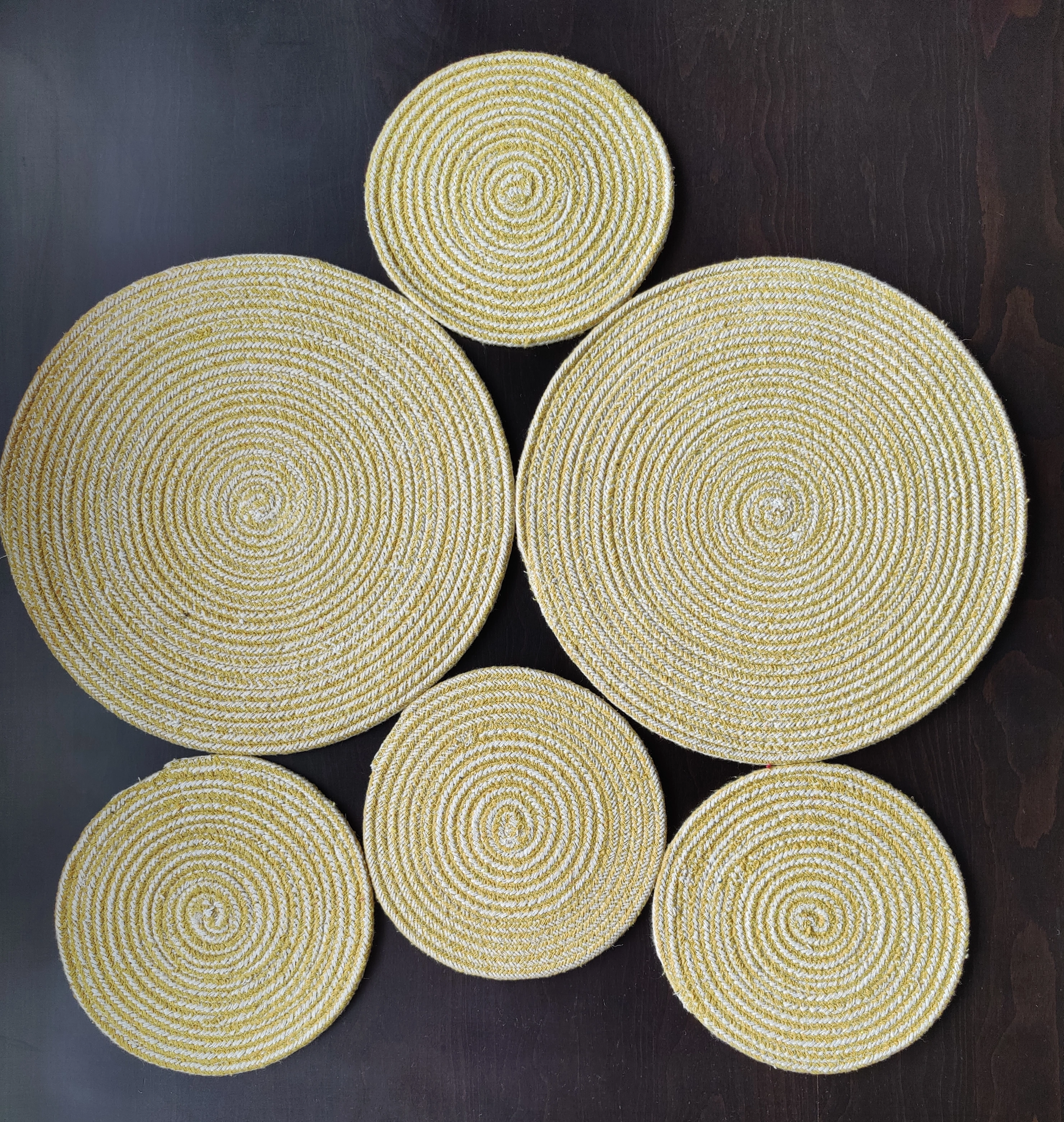 Cotton Place mats 38 cm (15&quot;) and 22 cm (9&quot;) Round Table Mats, Heat Resistant, Reversible Use, Washable (Pack of 6) (Yellow)-Yellow-Cotton-7