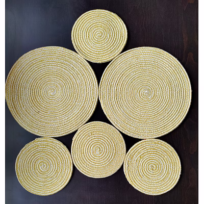 cotton place mats 38 cm (15") and 22 cm (9") round table mats, heat resistant, reversible use, washable (pack of 6) (yellow)