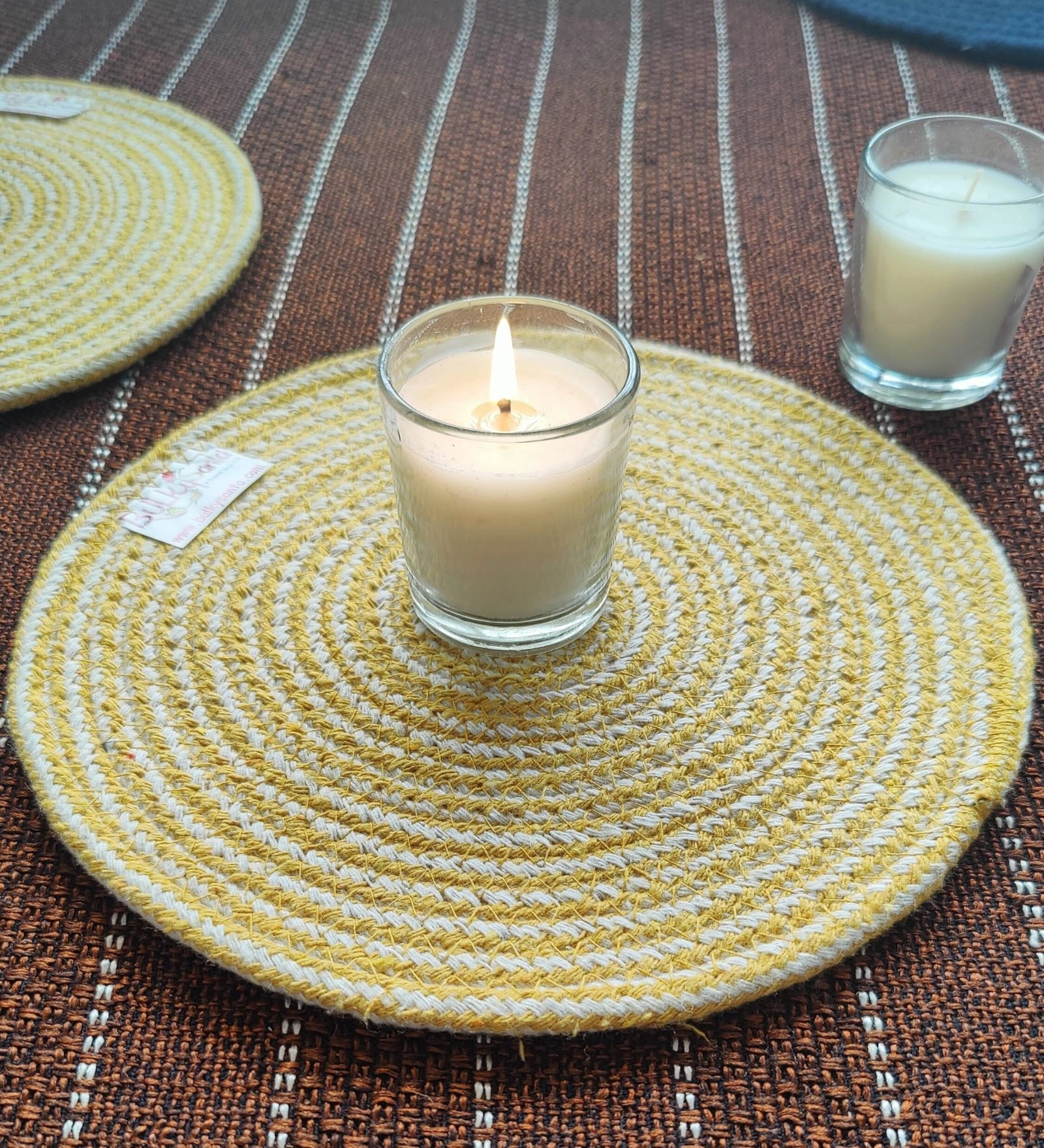 Cotton Place mats 38 cm (15&quot;) and 22 cm (9&quot;) Round Table Mats, Heat Resistant, Reversible Use, Washable (Pack of 6) (Yellow)-Yellow-Cotton-11