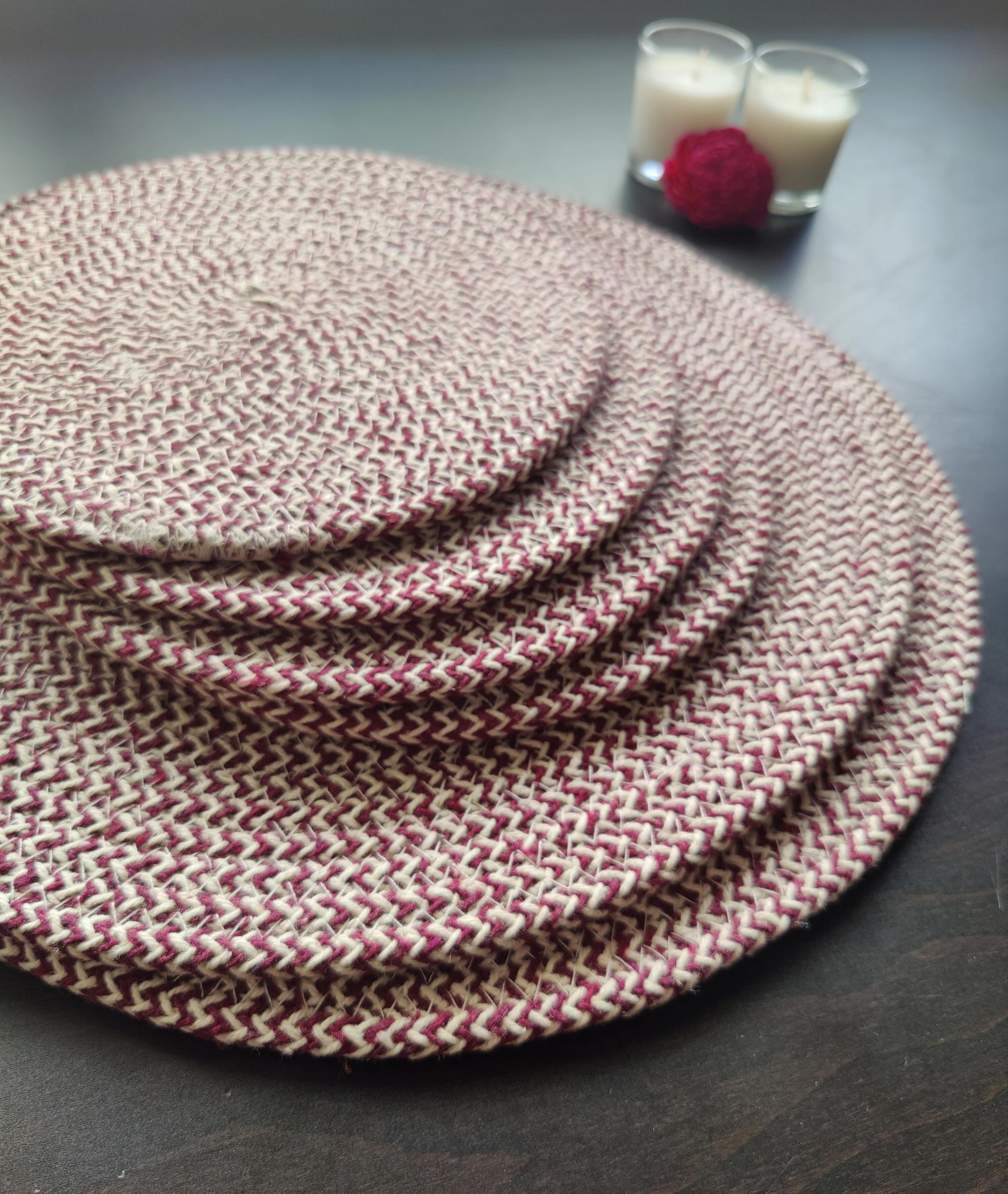 Cotton Place mats 38 cm (15&quot;) and 22 cm (9&quot;) Round Table Mats, Heat Resistant, Reversible Use, Washable (Pack of 6) (Yellow)-Maroon-Cotton-3