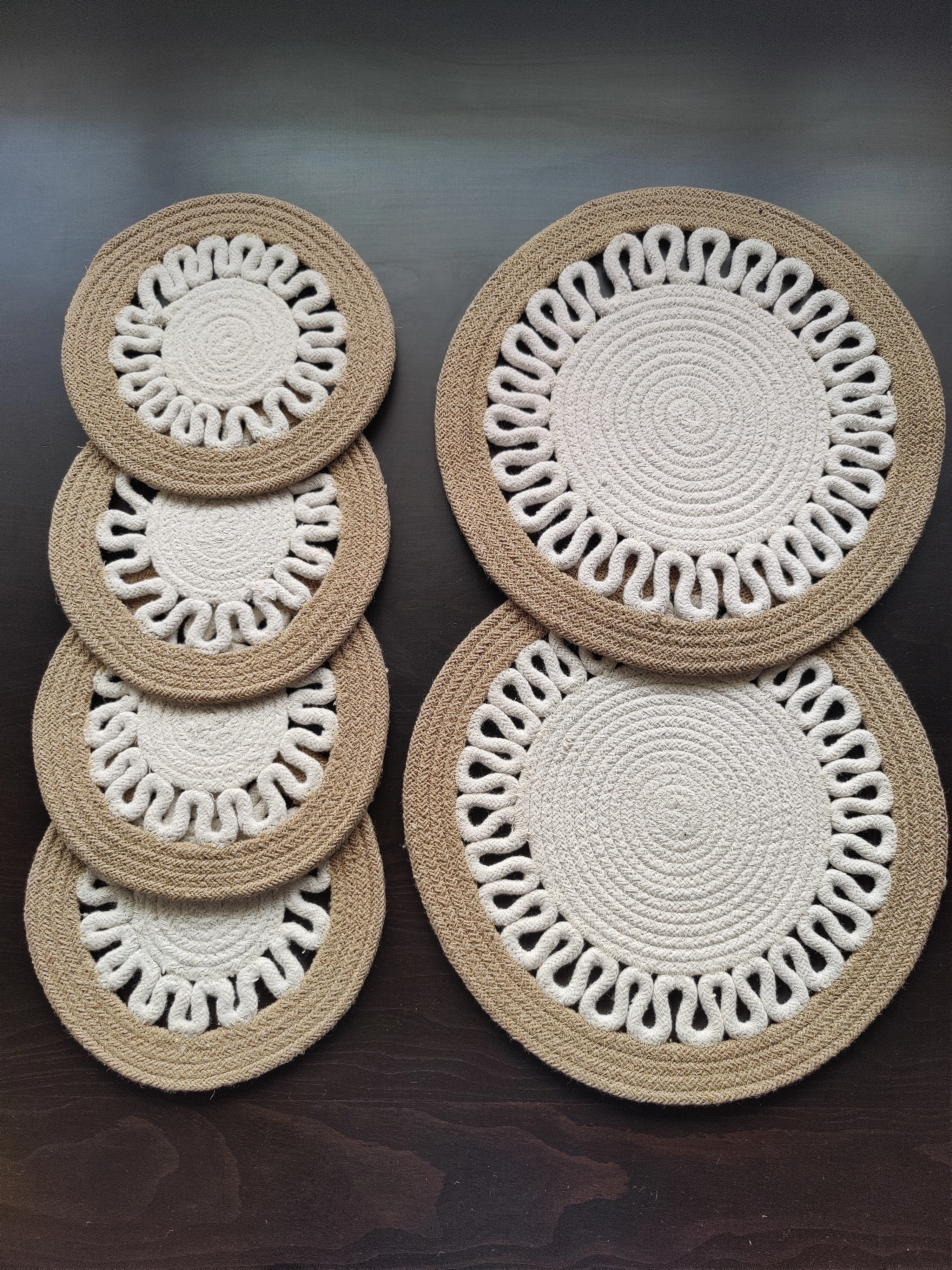 Cotton Place mats 38 cm (15&quot;) and 22 cm (9&quot;) Round Table Mats, Heat Resistant, Reversible Use, Washable (Pack of 6) (Yellow)-BSPL-15IN2PC-9IN4PC-PAYAL