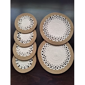 Cotton Place mats 38 cm (15") and 22 cm (9") Round Table Mats, Heat Resistant, Reversible Use, Washable (Pack of 6) (Yellow)