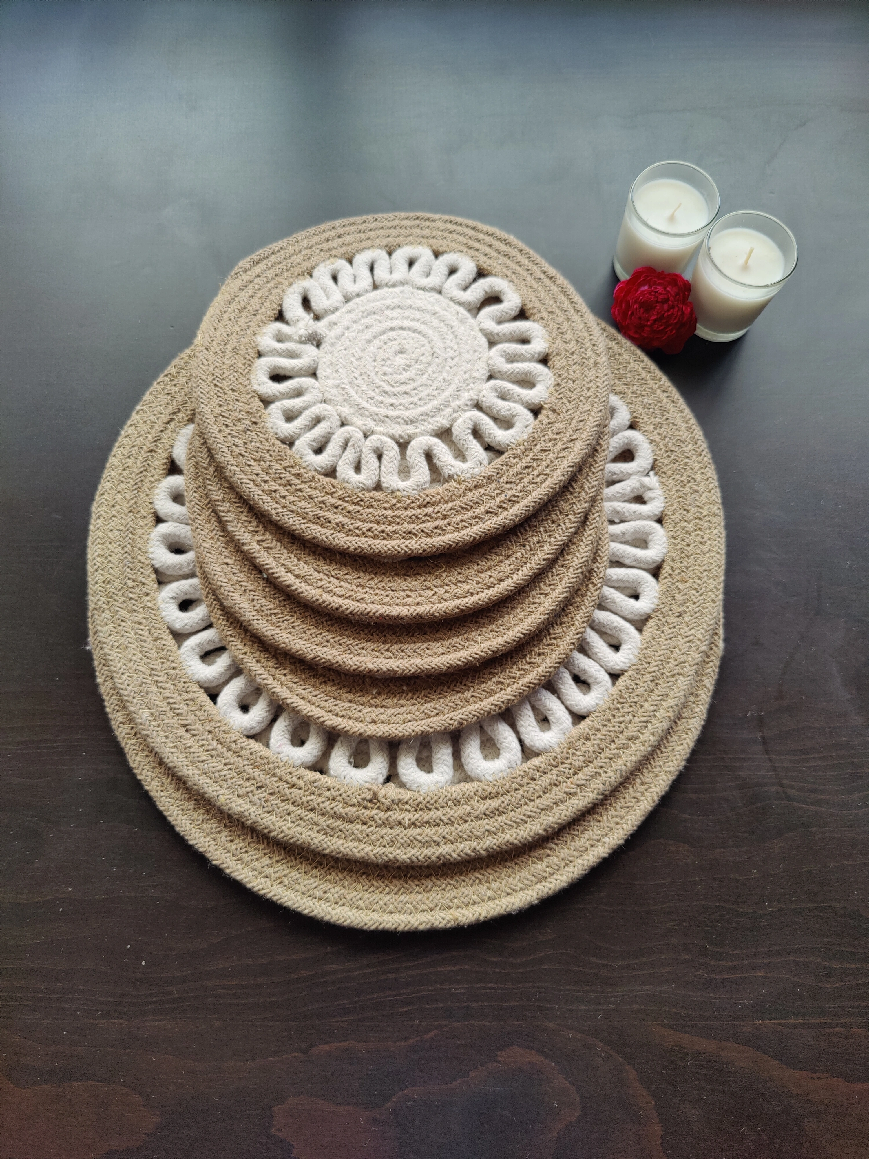 Cotton Place mats 38 cm (15&quot;) and 22 cm (9&quot;) Round Table Mats, Heat Resistant, Reversible Use, Washable (Pack of 6) (Yellow)-White-Beige-Cotton-2