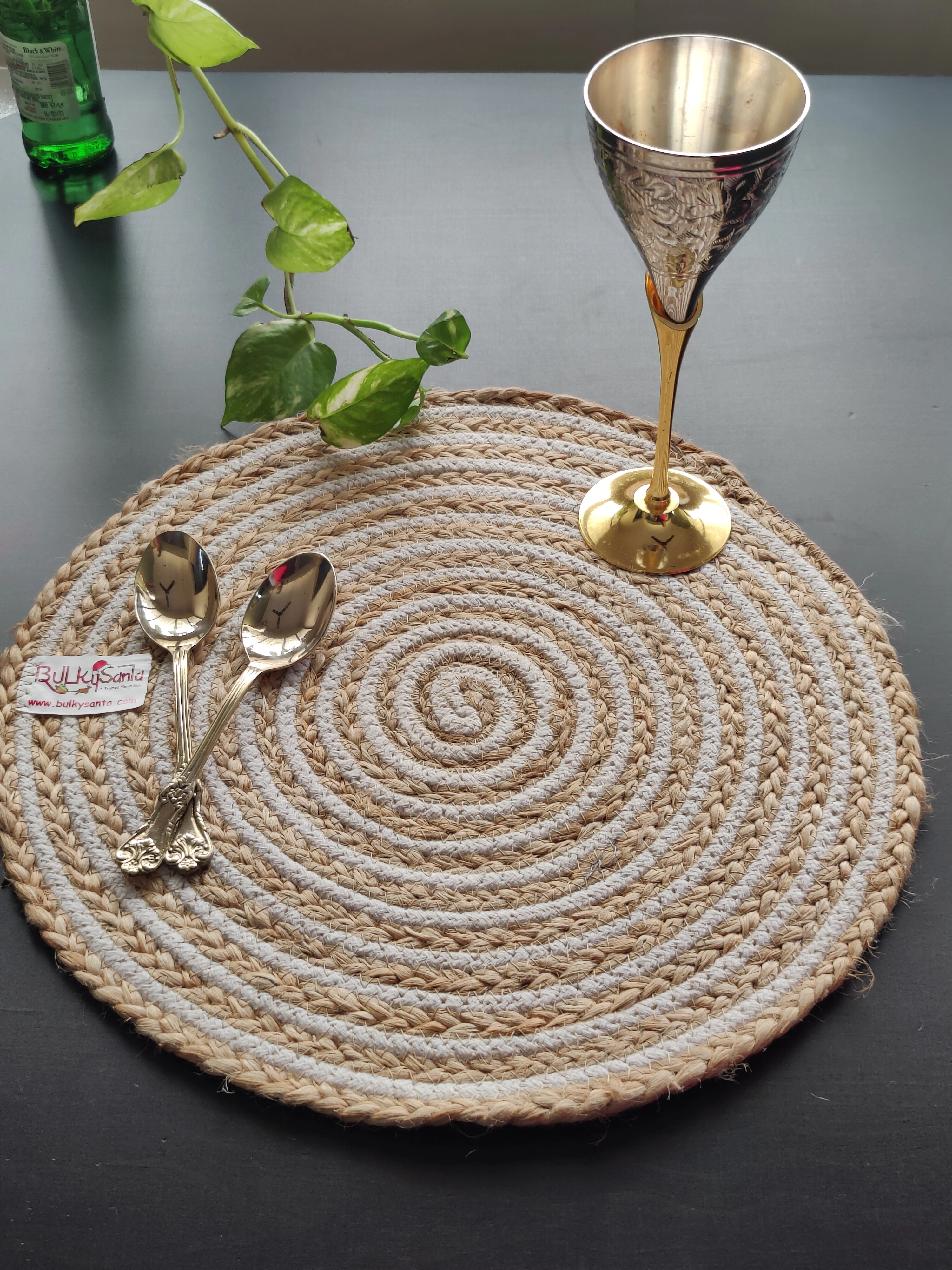 Cotton Place mats 38 cm (15&quot;) and 22 cm (9&quot;) Round Table Mats, Heat Resistant, Reversible Use, Washable (Pack of 6) (Yellow)-White-Beige-Cotton Jute-2