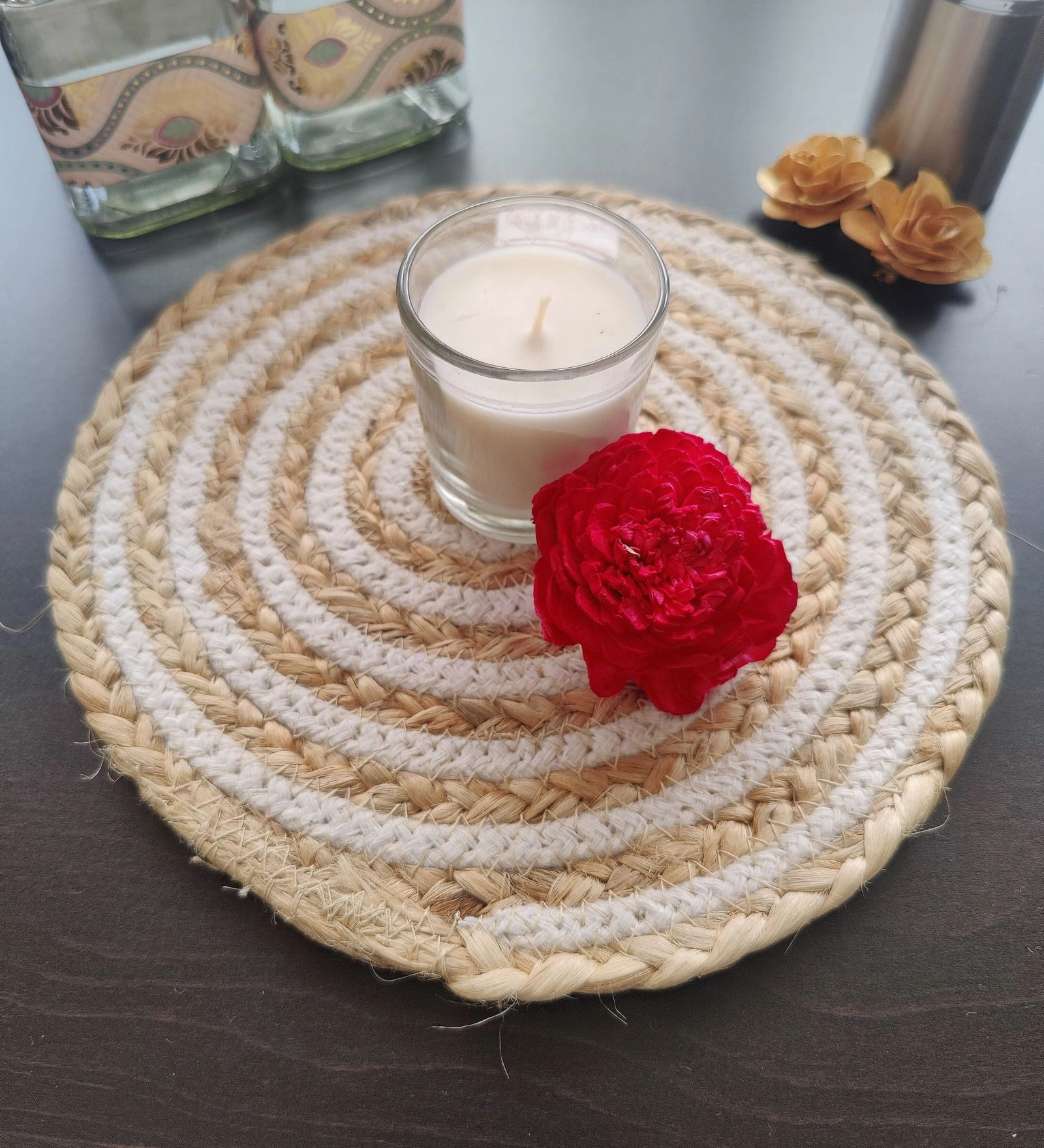 Cotton Place mats 38 cm (15&quot;) and 22 cm (9&quot;) Round Table Mats, Heat Resistant, Reversible Use, Washable (Pack of 6) (Yellow)-White-Beige-Cotton Jute-3