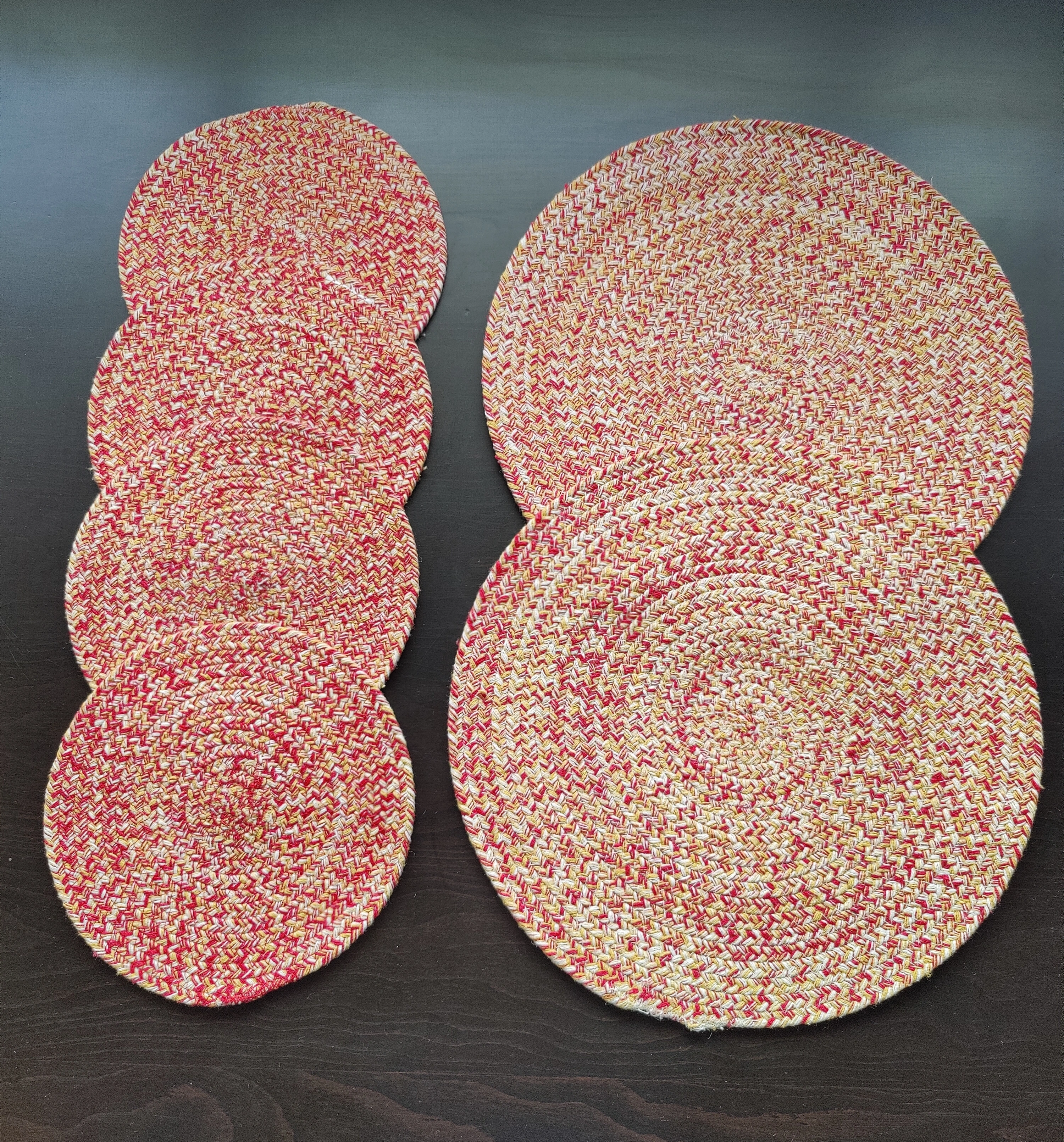 Cotton Place mats 38 cm (15&quot;) and 22 cm (9&quot;) Round Table Mats, Heat Resistant, Reversible Use, Washable (Pack of 6) (Yellow)-BSPL-15IN2PC-9IN4PC-RED