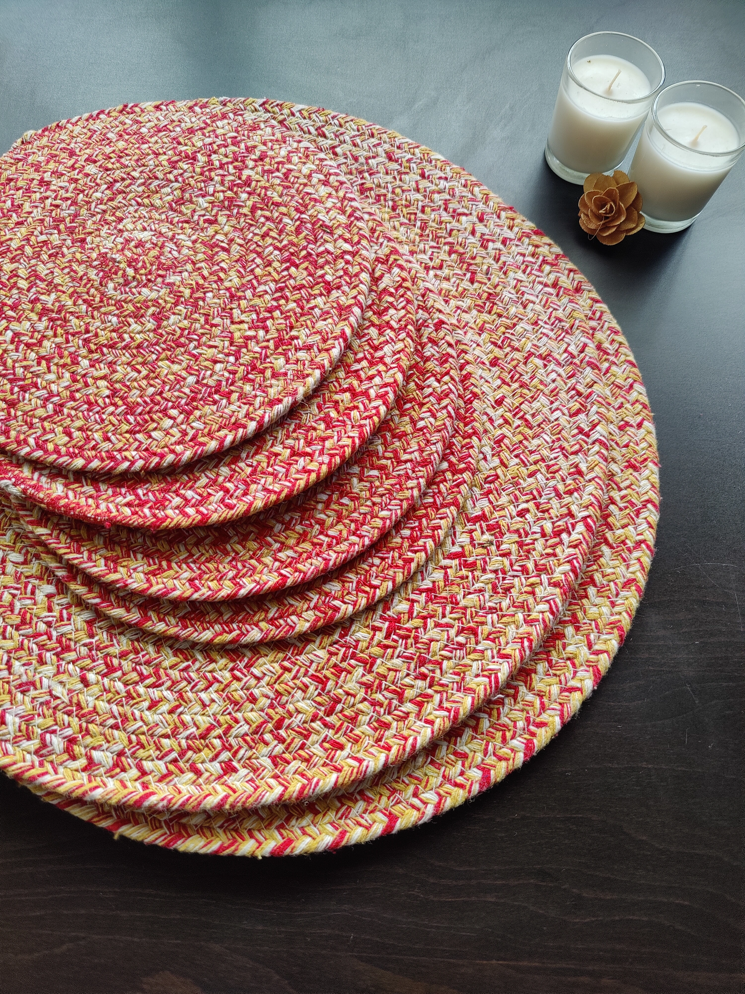 Cotton Place mats 38 cm (15&quot;) and 22 cm (9&quot;) Round Table Mats, Heat Resistant, Reversible Use, Washable (Pack of 6) (Yellow)-Red-Yellow-Cotton-1