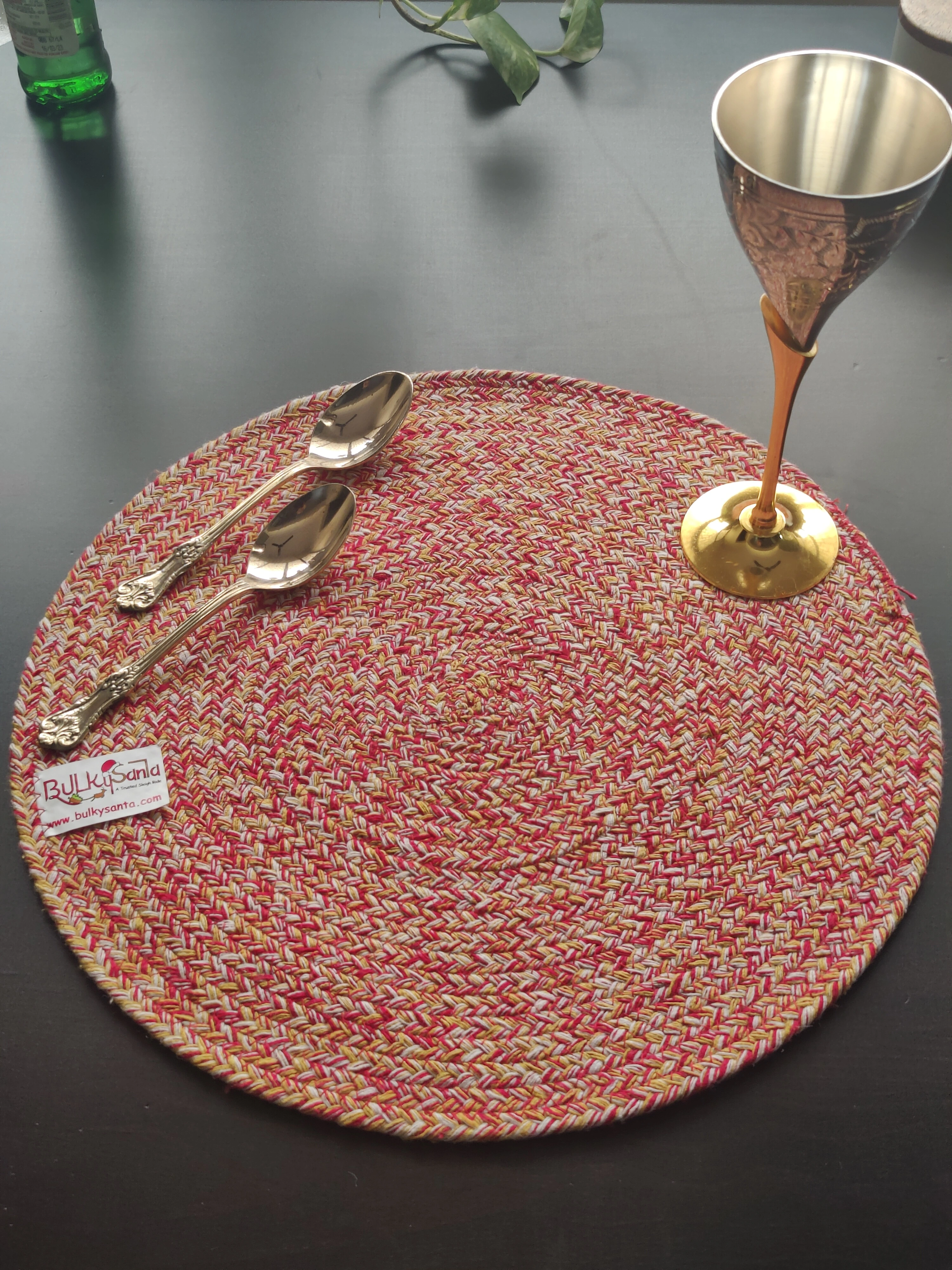 Cotton Place mats 38 cm (15&quot;) and 22 cm (9&quot;) Round Table Mats, Heat Resistant, Reversible Use, Washable (Pack of 6) (Yellow)-Red-Yellow-Cotton-3