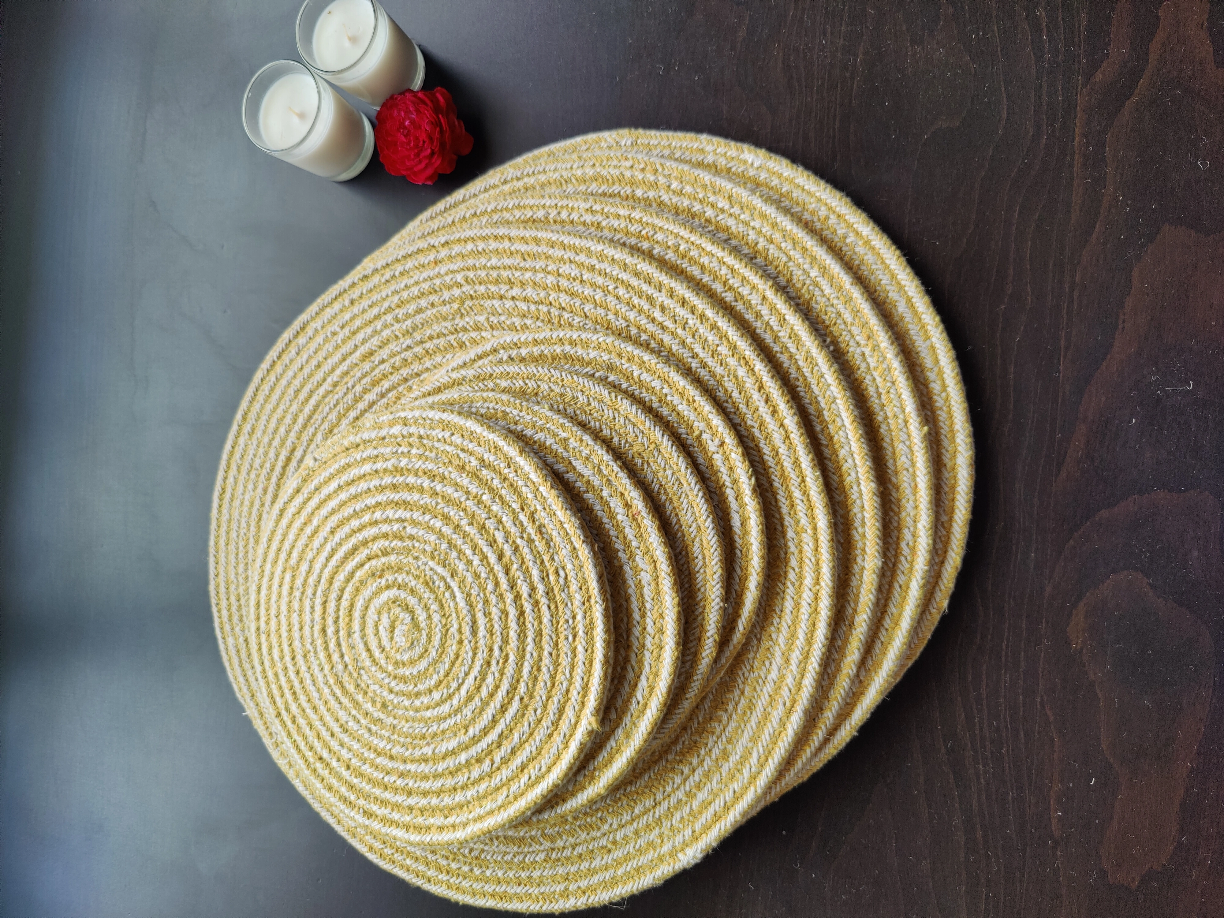 Cotton Place mats 38 cm (15&quot;) and 22 cm (9&quot;) Round Table Mats, Heat Resistant, Reversible Use, Washable (Pack of 8)-Yellow-Cotton-3